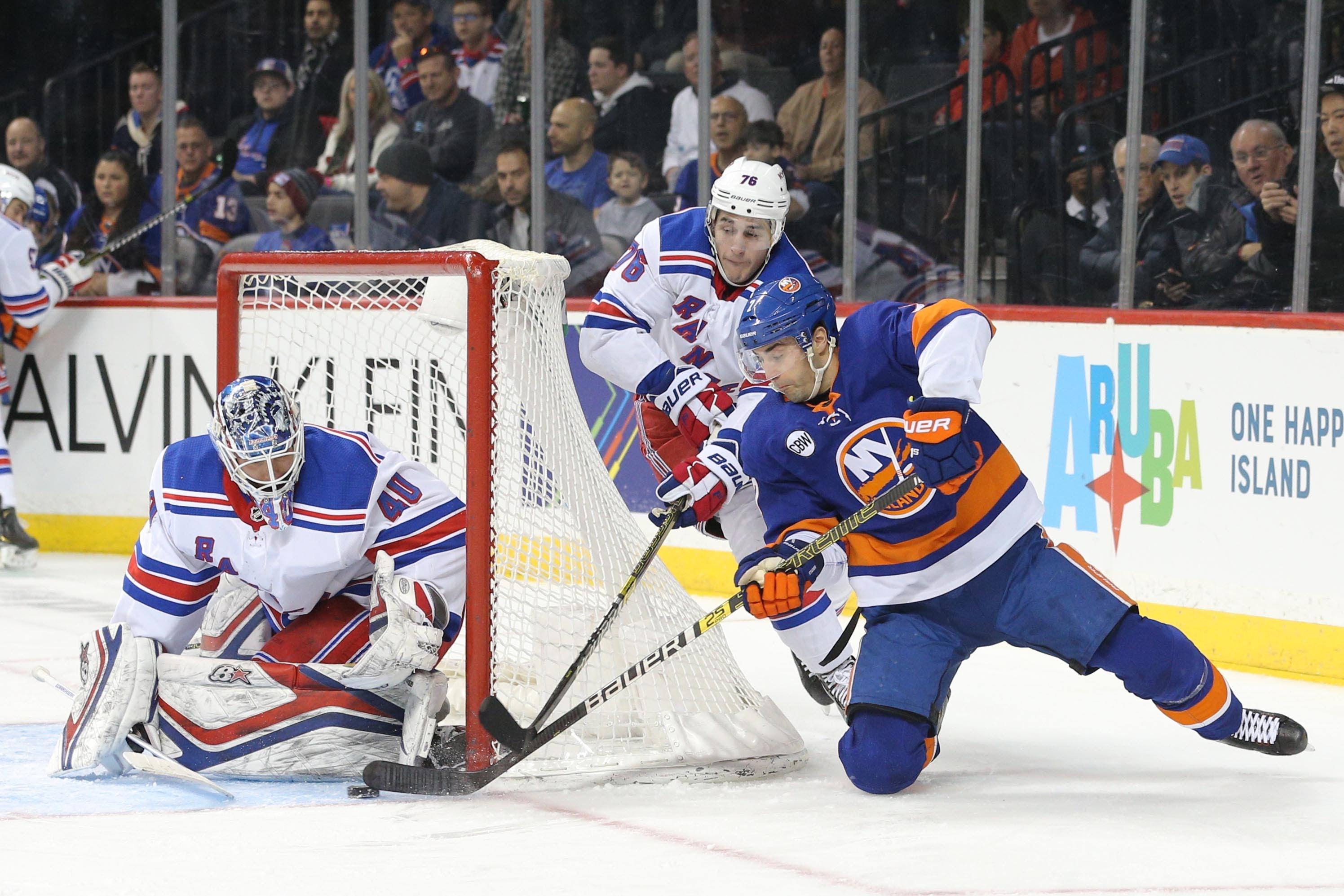 Jan 12, 2019; Brooklyn, NY, USA; New York Islanders right wing Jordan Eberle (7) shoots against New York Rangers goalie Alexandar Georgiev (40) in front of defenseman Brady Skjei (76) during the second period at Barclays Center. Mandatory Credit: Brad Penner-USA TODAY Sports / Brad Penner