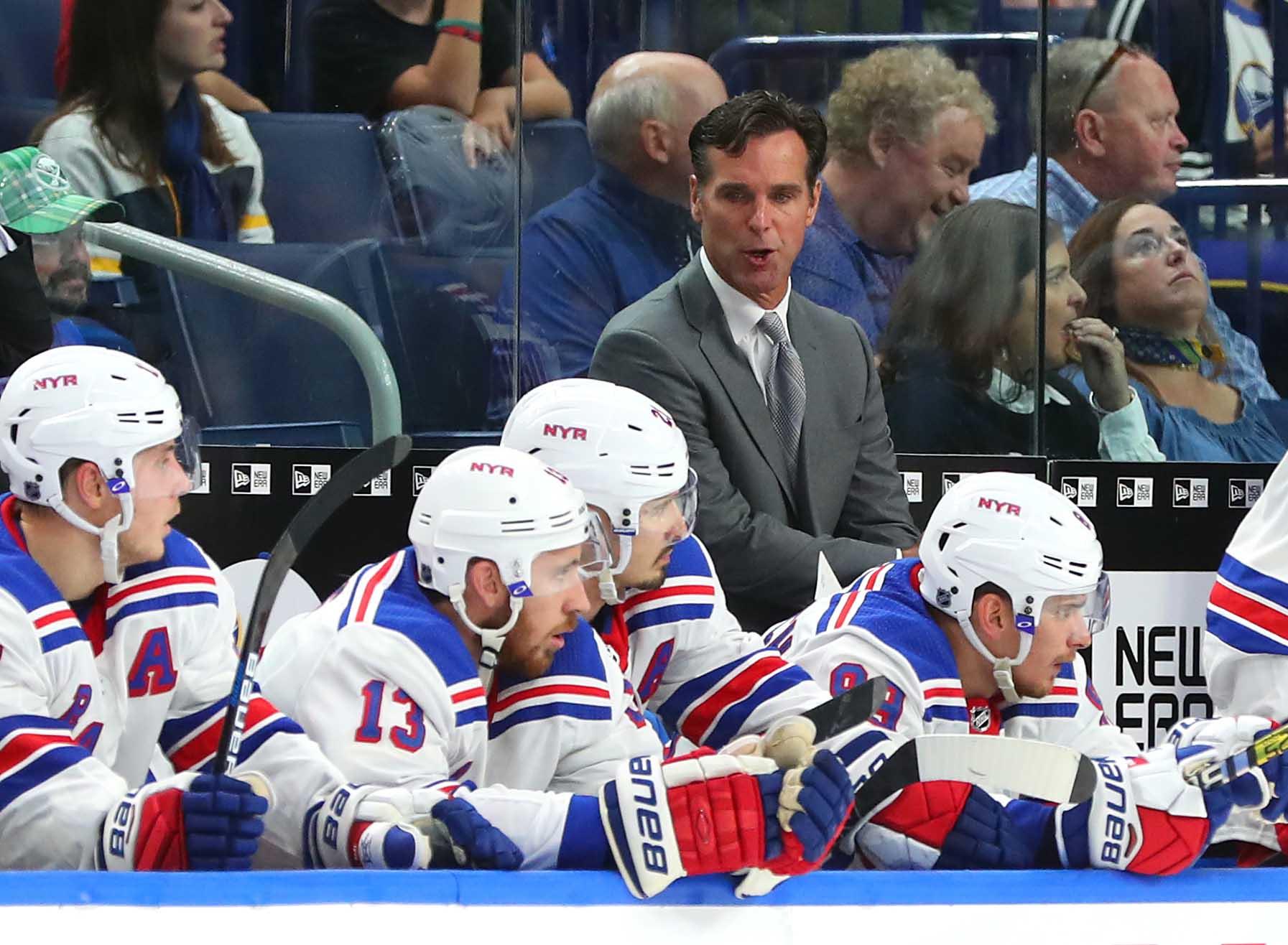 Oct 6, 2018; Buffalo, NY, USA; New York Rangers head coach David Quinn behind the bench during the third period against the Buffalo Sabres at KeyBank Center. Mandatory Credit: Kevin Hoffman-USA TODAY Sports / Kevin Hoffman