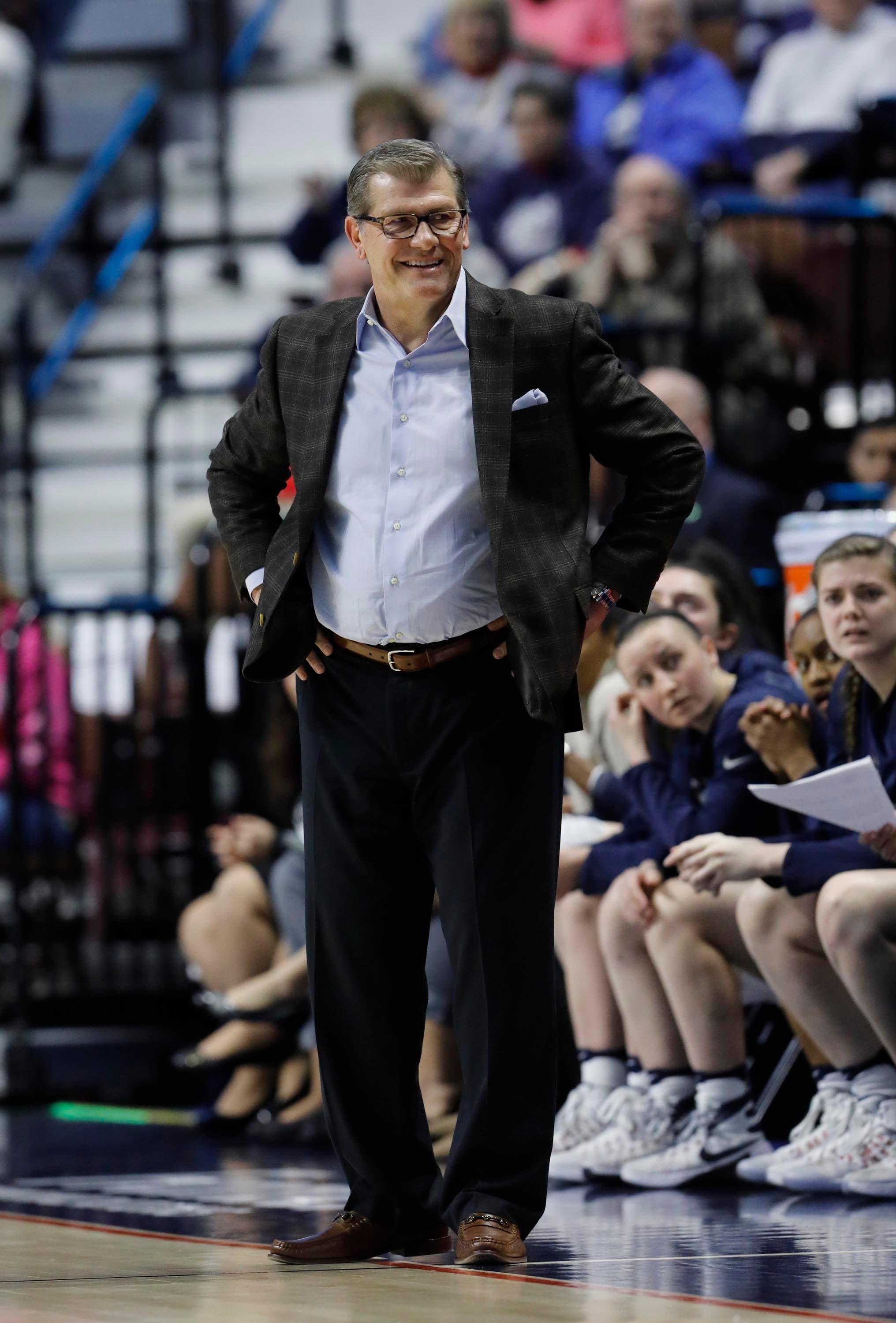 Connecticut Huskies head coach Geno Auriemma watches from the sideline as they take on the UCF Knights in the second half of the semifinals during the women's AAC Conference Tournament at Mohegun Sun Arena. / David Butler II/USA TODAY Sports