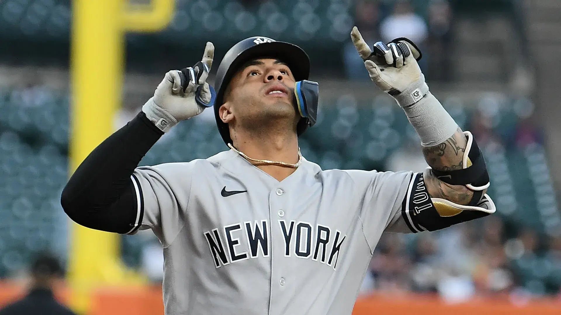 Aug 30, 2023; Detroit, Michigan, USA; New York Yankees second baseman Gleyber Torres (25) celebrates in the dugout after hitting a home run against the Detroit Tigers in the fourth inning at Comerica Park. Mandatory Credit: Lon Horwedel-USA TODAY Sports / © Lon Horwedel-USA TODAY Sports