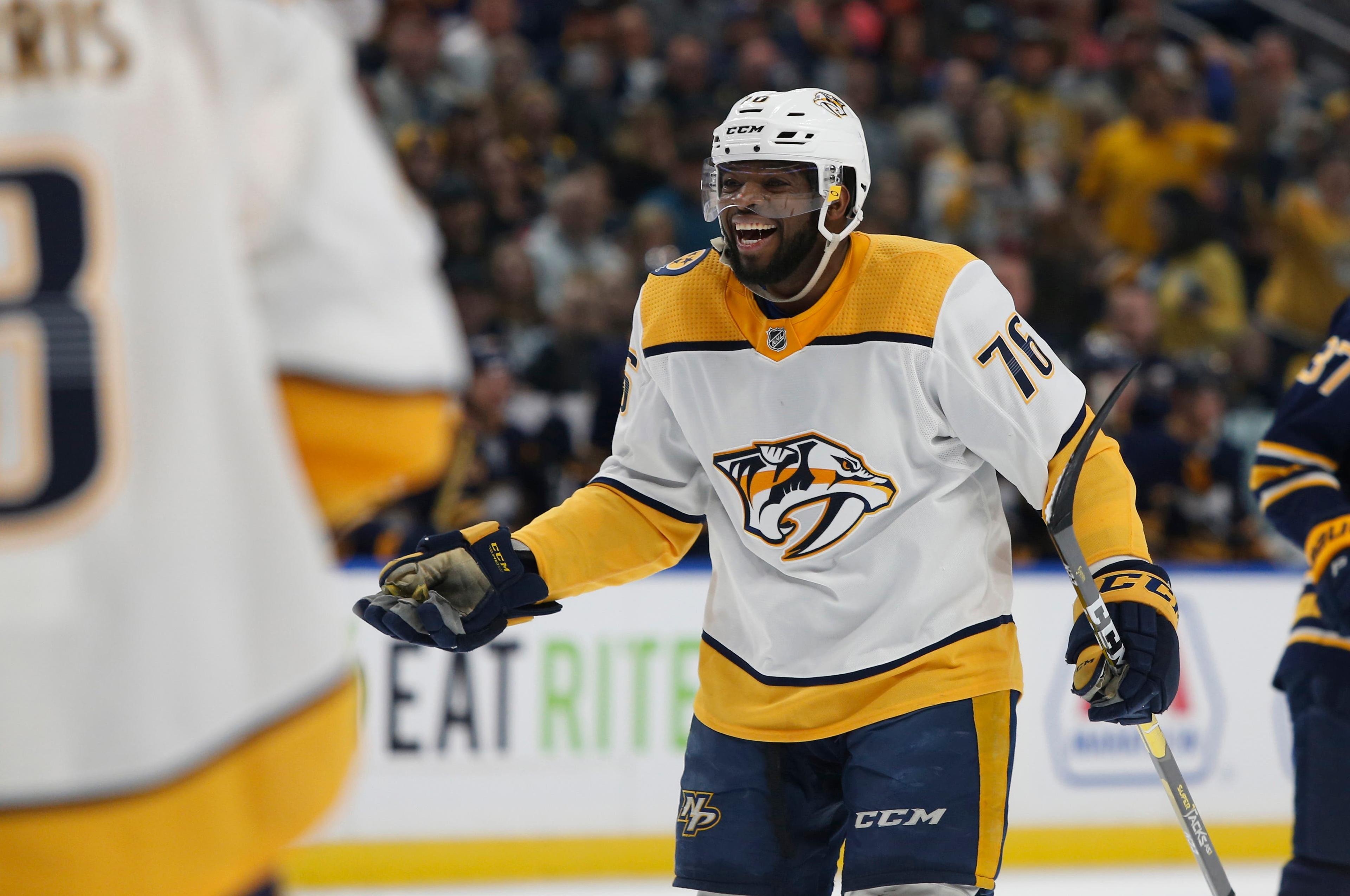 Nashville Predators defenseman P.K. Subban celebrates after a Predators goal against the Buffalo Sabres during the first period at KeyBank Center. / Timothy T. Ludwig/USA TODAY Sports