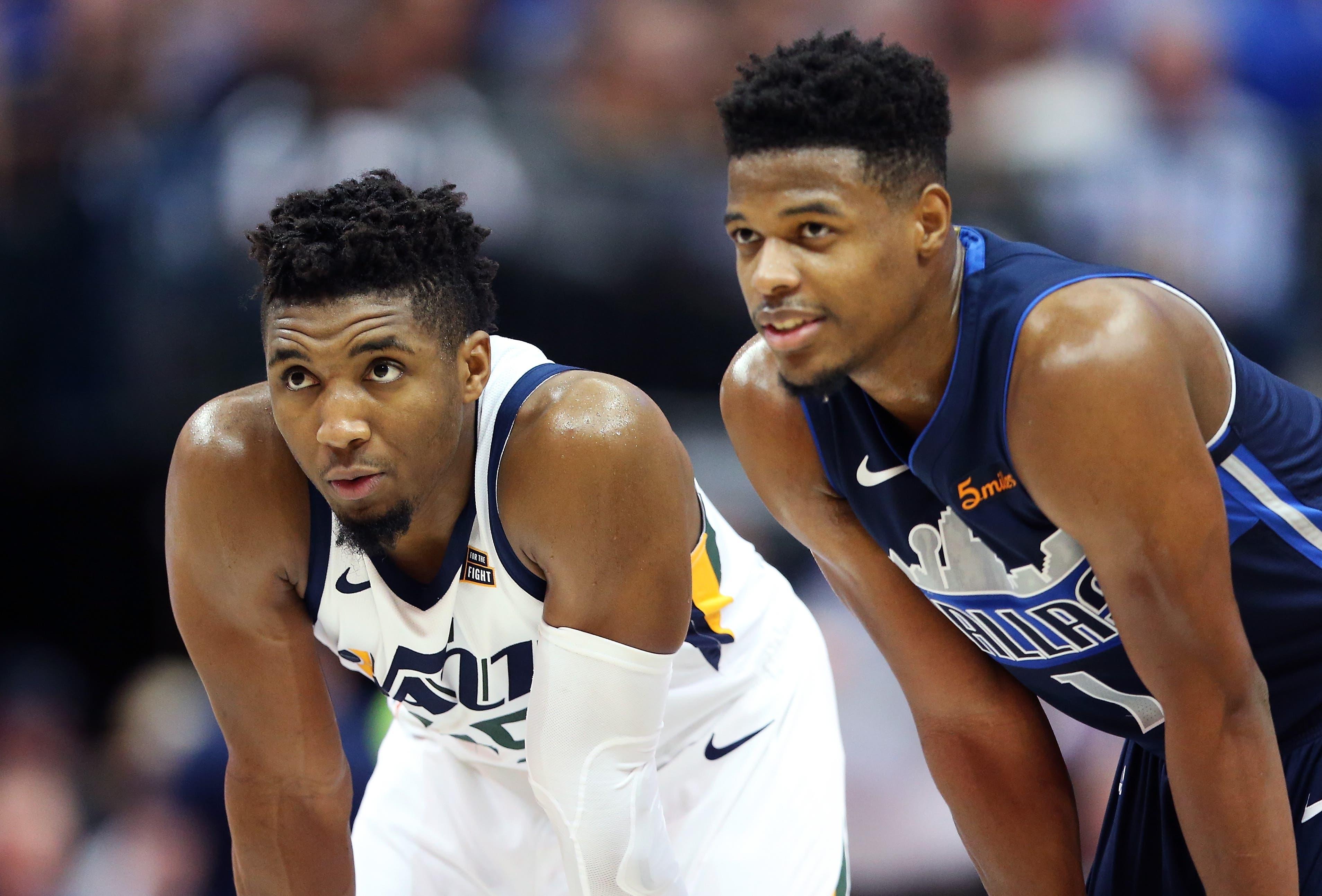 Oct 28, 2018; Dallas, TX, USA; Utah Jazz guard Donovan Mitchell (45) and Dallas Mavericks guard Dennis Smith Jr. (1) during the second half at American Airlines Center. Mandatory Credit: Kevin Jairaj-USA TODAY Sports / Kevin Jairaj