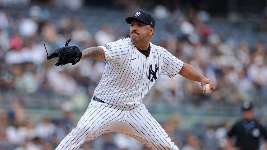 New York Yankees starting pitcher Nestor Cortes (65) pitches against the Tampa Bay Rays during the second inning at Yankee Stadium