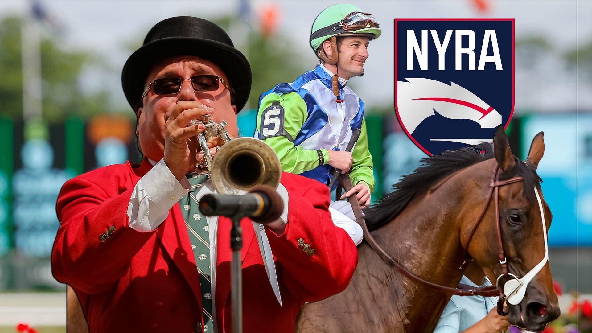 TREATED ART -- Jun 8, 2013; Elmont, NY, USA; NYRA bugler Sam Grossman calls the horses to post for the first race at the 145th running of the Belmont Stakes at Belmont Park. Jun 9, 2017; Elmont, NY, USA; Julien Leparoux aboard Hawksmoor (5) jockey wins The 74th Running of the New York Presented by NYRA Bets Grade II at Belmont Park. / Anthony Gruppuso-USA TODAY Sports | Nicole Sweet-USA TODAY Sports