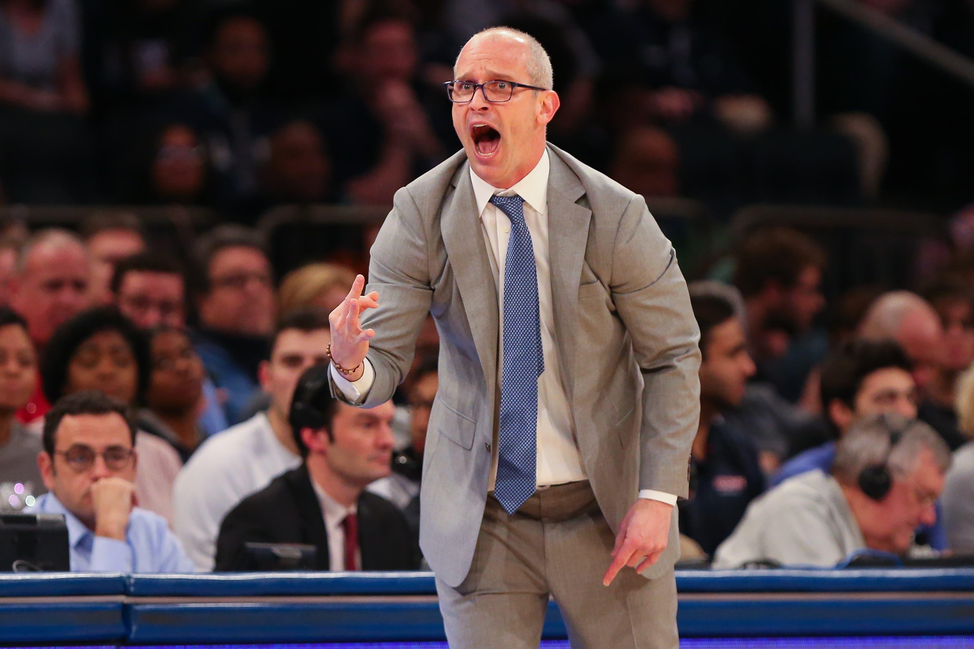 Dec 22, 2018; New York, NY, USA; Connecticut Huskies head coach Dan Hurley reacts during the first half against the Villanova Wildcats at Madison Square Garden. Mandatory Credit: Vincent Carchietta-USA TODAY Sports / Vincent Carchietta