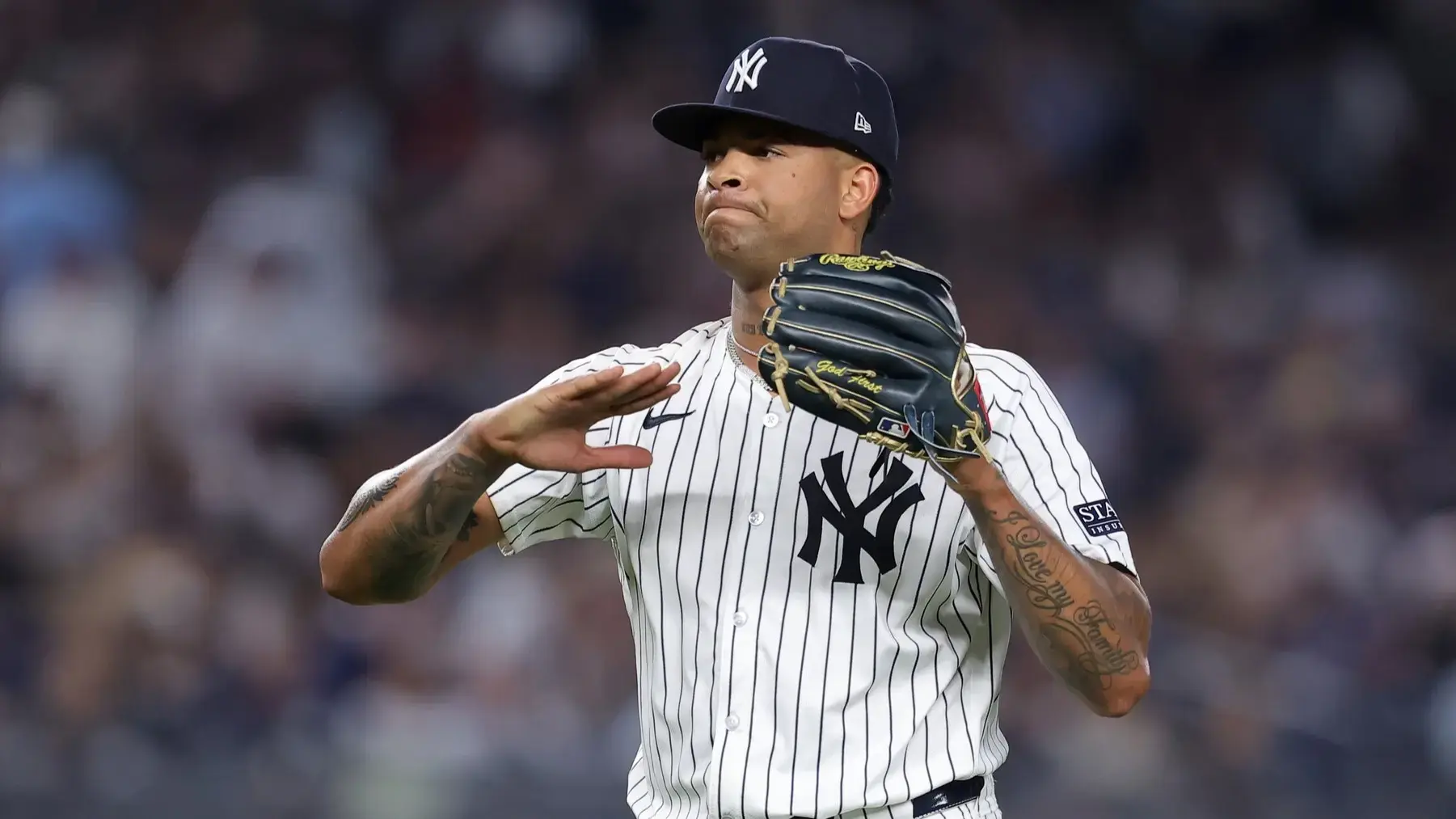 Jun 4, 2024; Bronx, New York, USA; New York Yankees starting pitcher Luis Gil (81) reacts during the sixth inning against the Minnesota Twins at Yankee Stadium. / Brad Penner-USA TODAY Sports