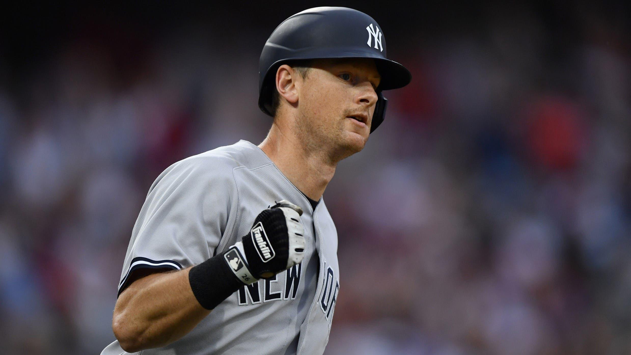 Jun 12, 2021; Philadelphia, Pennsylvania, USA; New York Yankees first baseman DJ LeMahieu (26) reacts after hitting a three-run home run during the ninth inning against the Philadelphia Phillies at Citizens Bank Park. / Kyle Ross-USA TODAY Sports