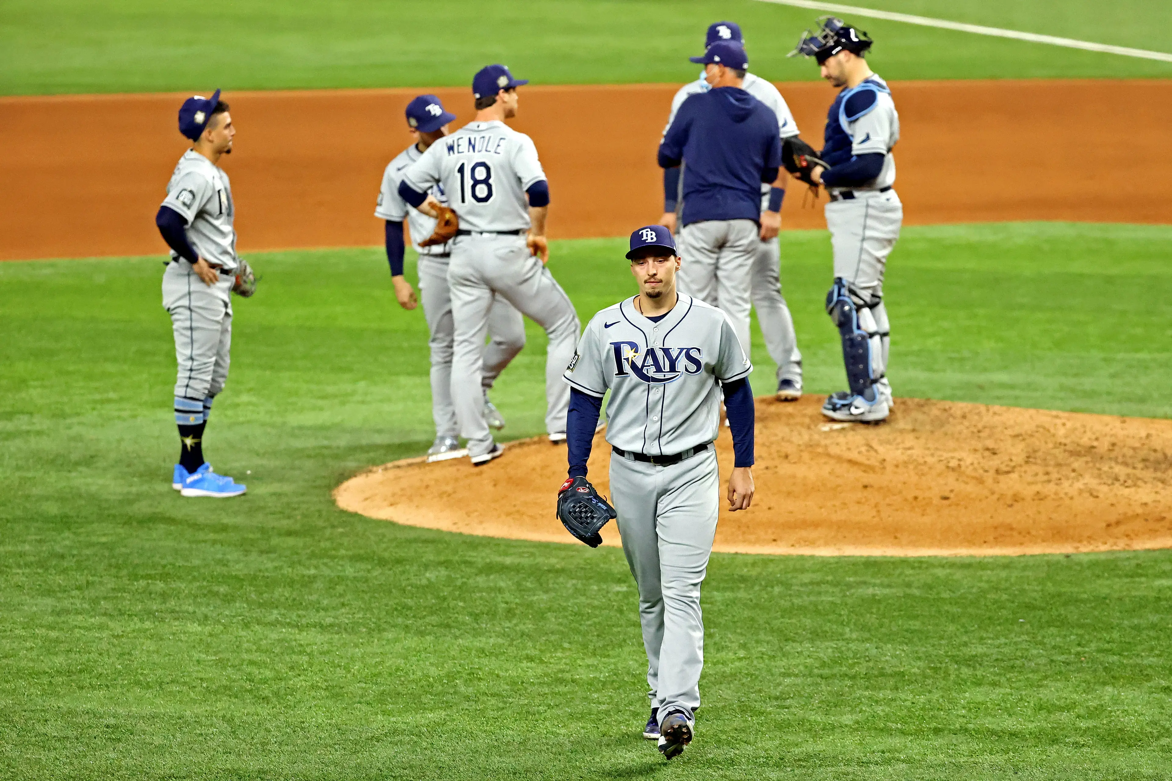 Tampa Bay Rays starting pitcher Blake Snell (4) is taken out of the game during the sixth inning against the Los Angeles Dodgersduring game six of the 2020 World Series at Globe Life Field. / Kevin Jairaj-USA TODAY Sports