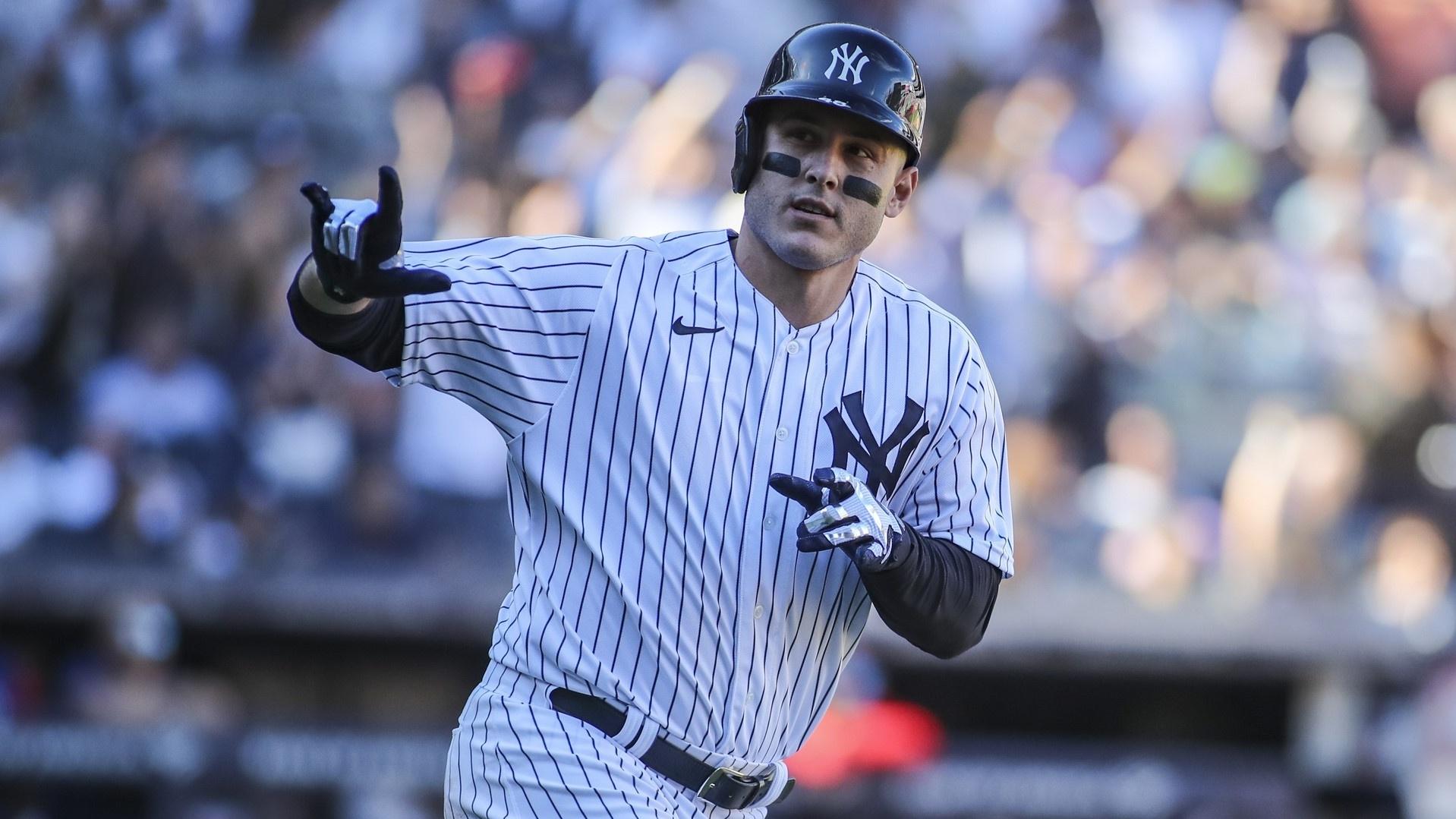 Sep 24, 2022; Bronx, New York, USA; New York Yankees first baseman Anthony Rizzo (48) gestures to the dugout after hitting a two run home run in the seventh inning against the Boston Red Sox at Yankee Stadium. / Wendell Cruz-USA TODAY Sports