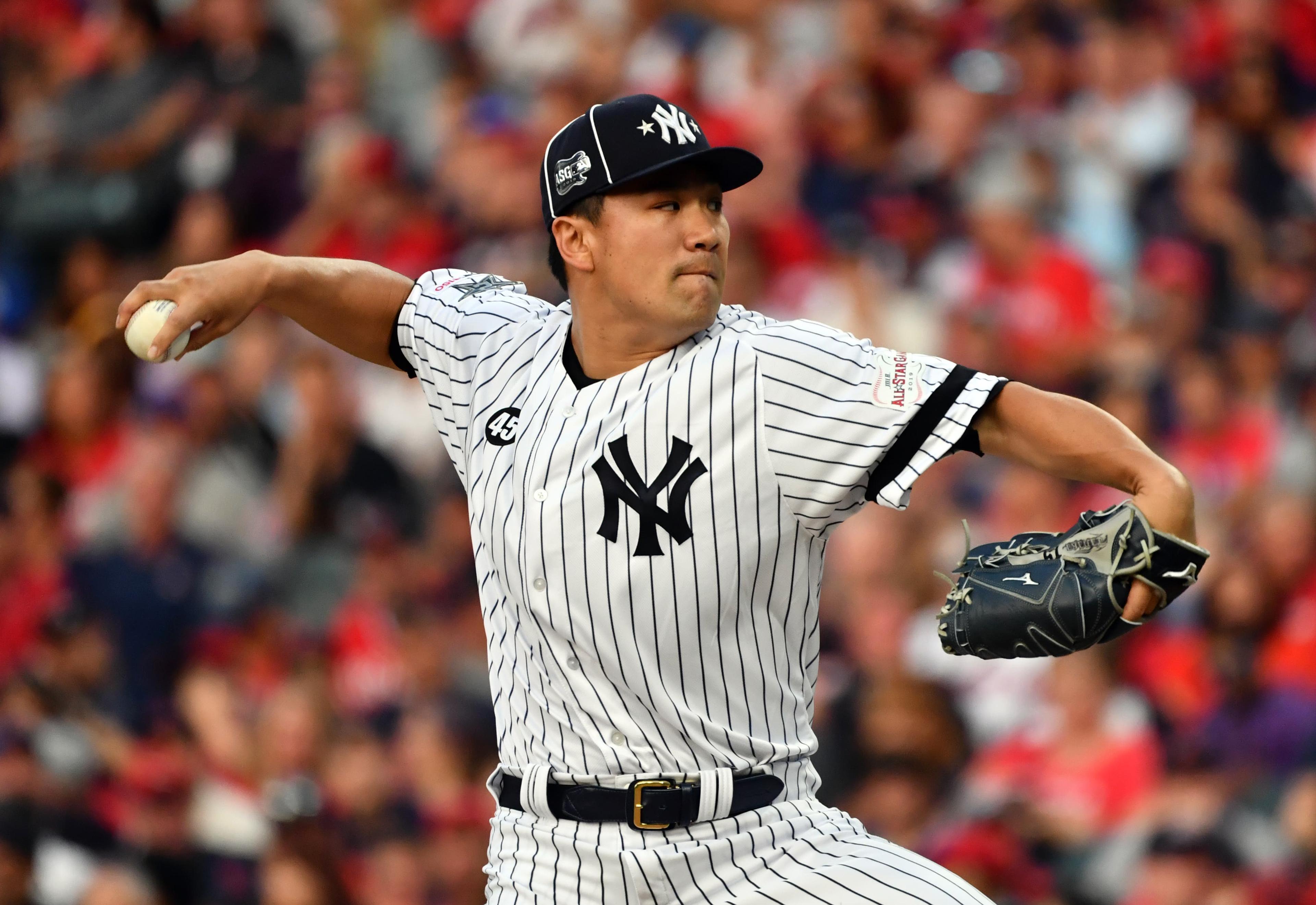 Jul 9, 2019; Cleveland, OH, USA; American League pitcher Masahiro Tanaka (19) of the New York Yankees throws against the National League during the second inning in the 2019 MLB All Star Game at Progressive Field. Mandatory Credit: Ken Blaze-USA TODAY Sports / Ken Blaze