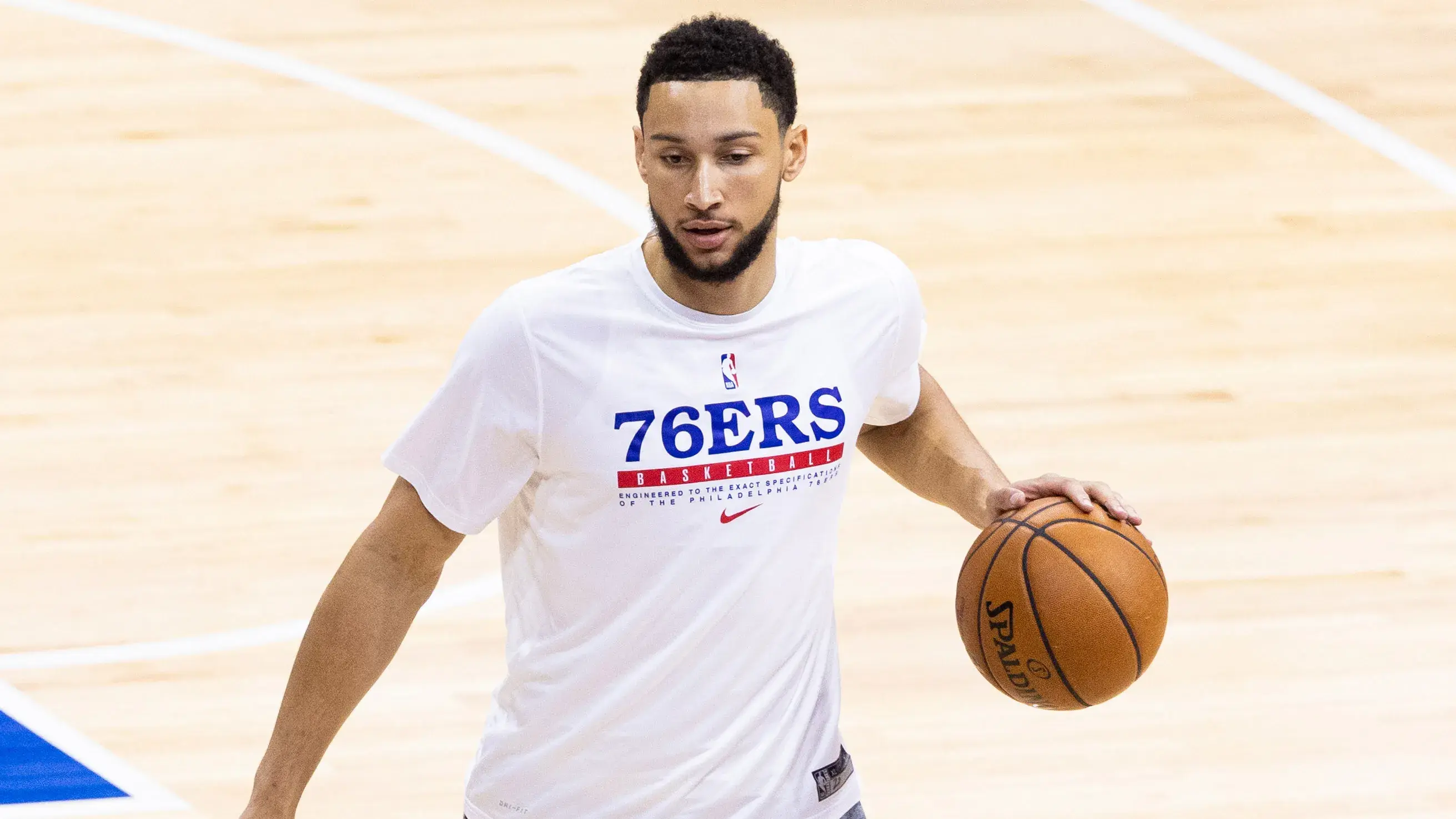 Philadelphia 76ers guard Ben Simmons warms up before game seven of the second round of the 2021 NBA Playoffs against the Atlanta Hawks at Wells Fargo Center. / Bill Streicher - USA TODAY Sports