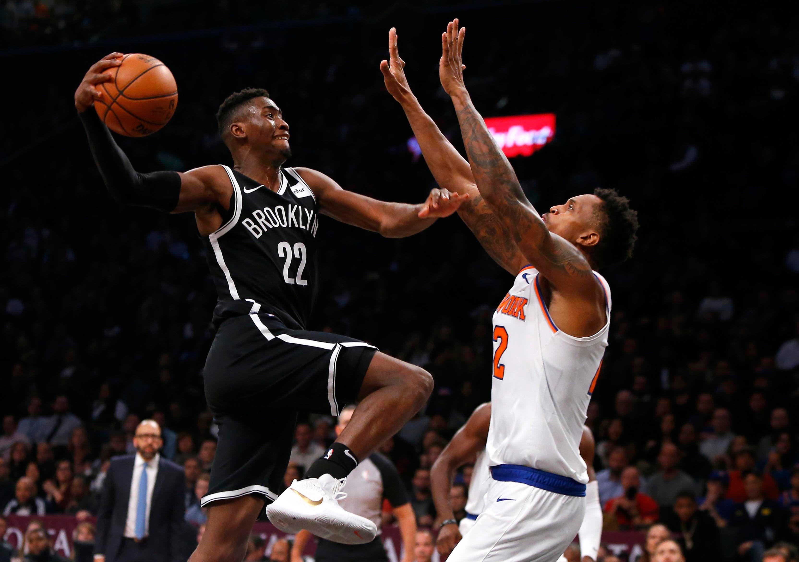 Oct 19, 2018; Brooklyn, NY, USA; Brooklyn Nets guard Caris LeVert (22) goes to the basket against New York Knicks forward Lance Thomas (42) during the second half at Barclays Center. Mandatory Credit: Noah K. Murray-USA TODAY Sports / Noah K. Murray