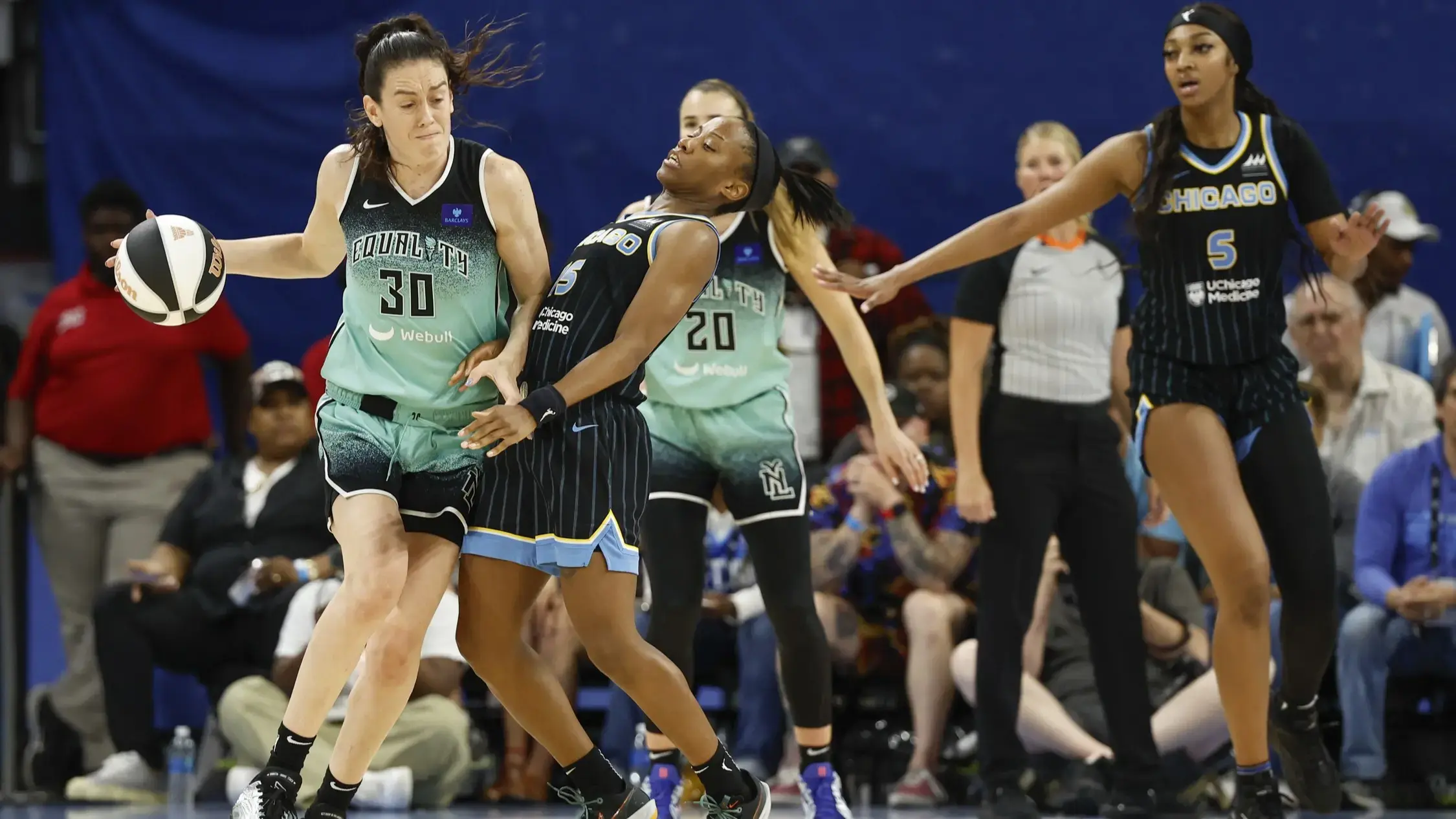 Jun 4, 2024; Chicago, Illinois, USA; New York Liberty forward Breanna Stewart (30) is defended by Chicago Sky guard Lindsay Allen (15) during the second half of a WNBA game at Wintrust Arena. / Kamil Krzaczynski-USA TODAY Sports