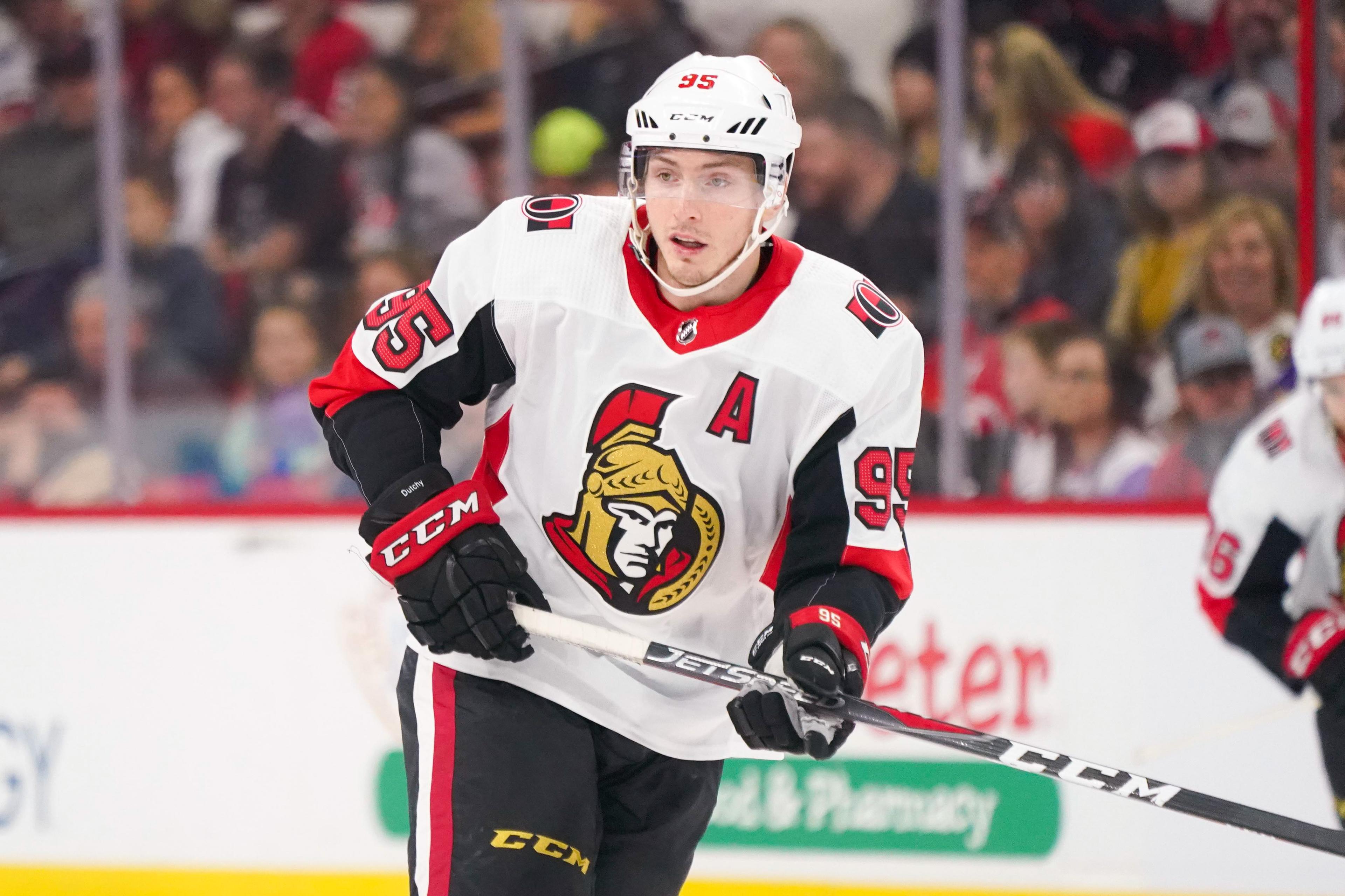 Jan 18, 2019; Raleigh, NC, USA; Ottawa Senators center Matt Duchene (95) watches the play against the Carolina Hurricanes at PNC Arena. The Ottawa Senators defeated the Carolina Hurricanes 4-1. Mandatory Credit: James Guillory-USA TODAY Sports