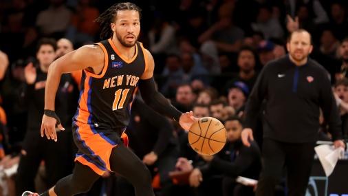 New York Knicks guard Jalen Brunson (11) brings the ball up court against the Portland Trail Blazers during the fourth quarter at Madison Square Garden / Brad Penner - USA TODAY Sports