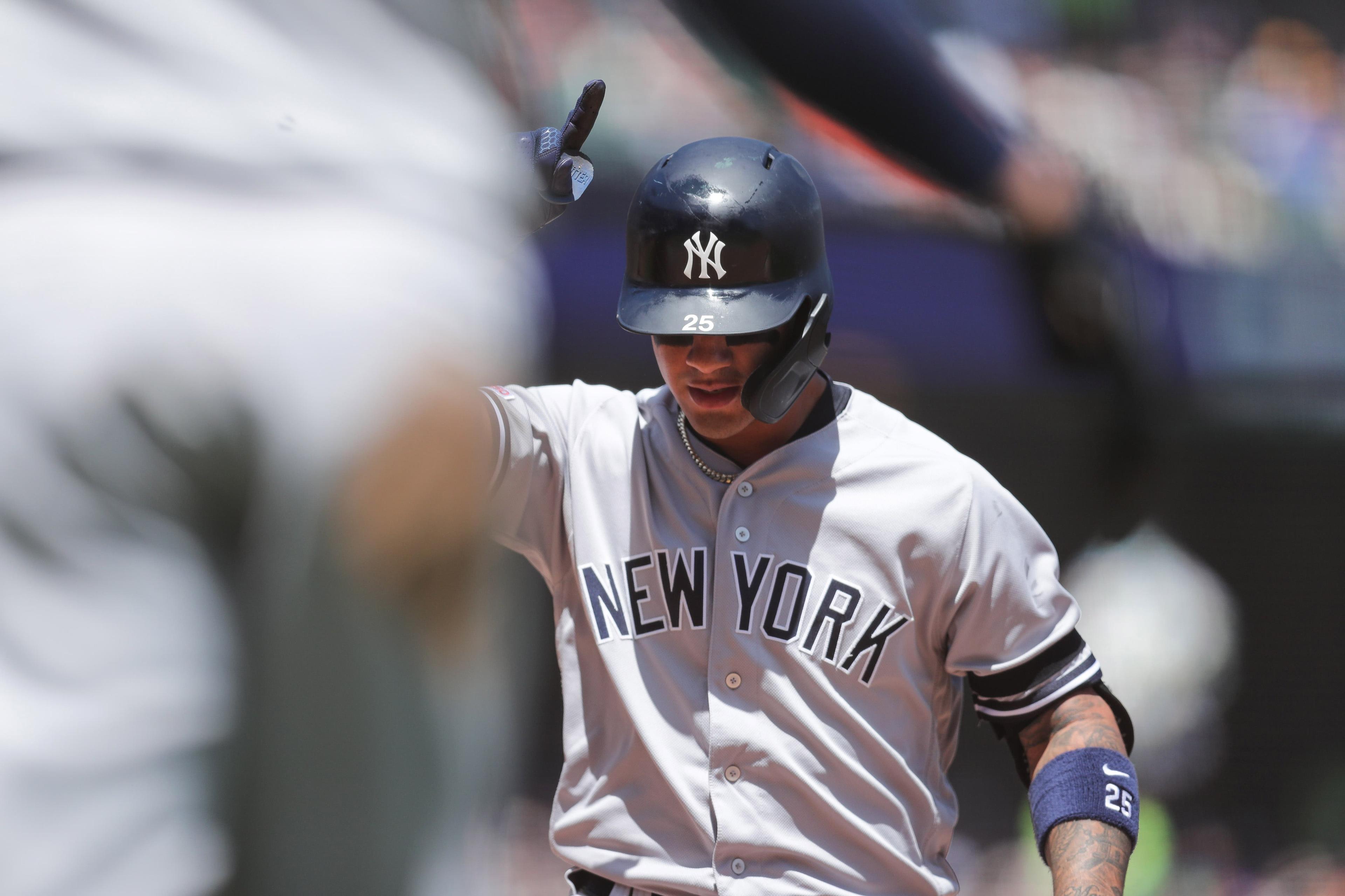 New York Yankees second baseman Gleyber Torres celebrates after hitting a two-run home run during the third inning against the San Francisco Giants at Oracle Park. / Sergio Estrada/USA TODAY Sports