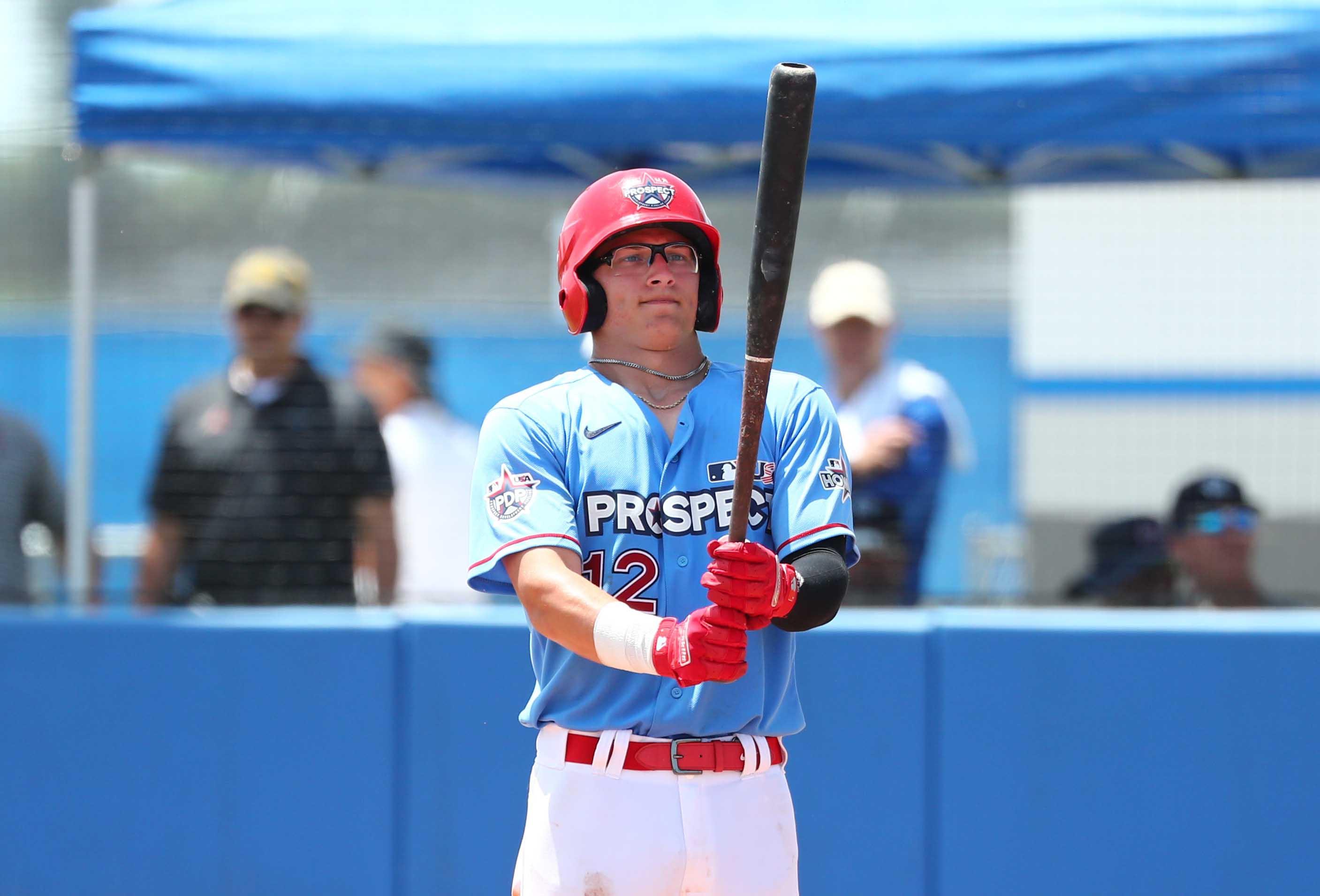 Jun 21, 2019; Bradenton, FL, USA; Team Howard outfielder Austin Hendrick (12) at bat during the eighth inning at IMG Academy. Mandatory Credit: Kim Klement-USA TODAY Sports / Kim Klement