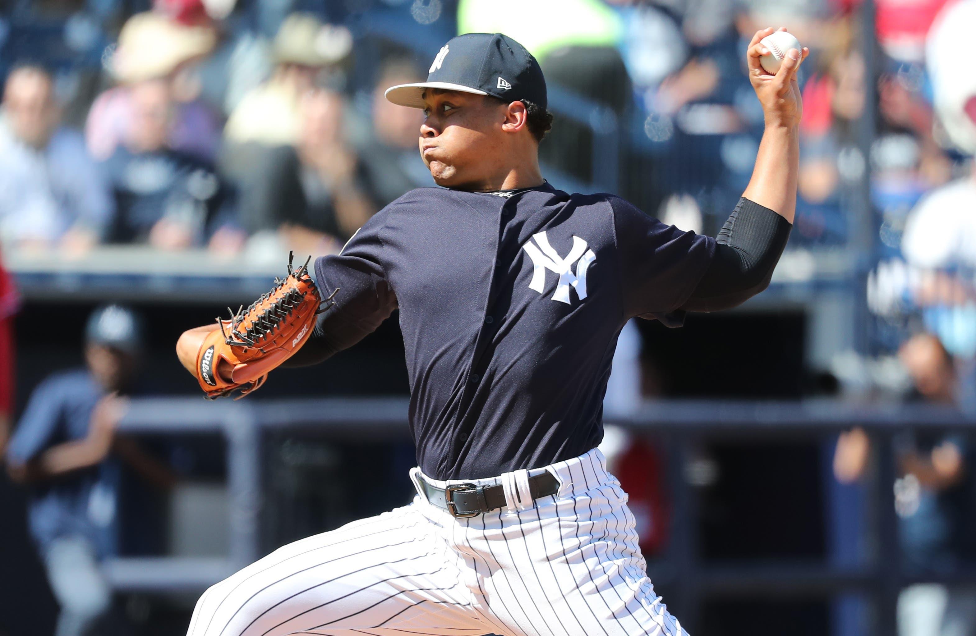 New York Yankees relief pitcher Justus Sheffield throws a pitch during the fifth inning against the Philadelphia Phillies at George M. Steinbrenner Field. / Kim Klement/USA TODAY Sports