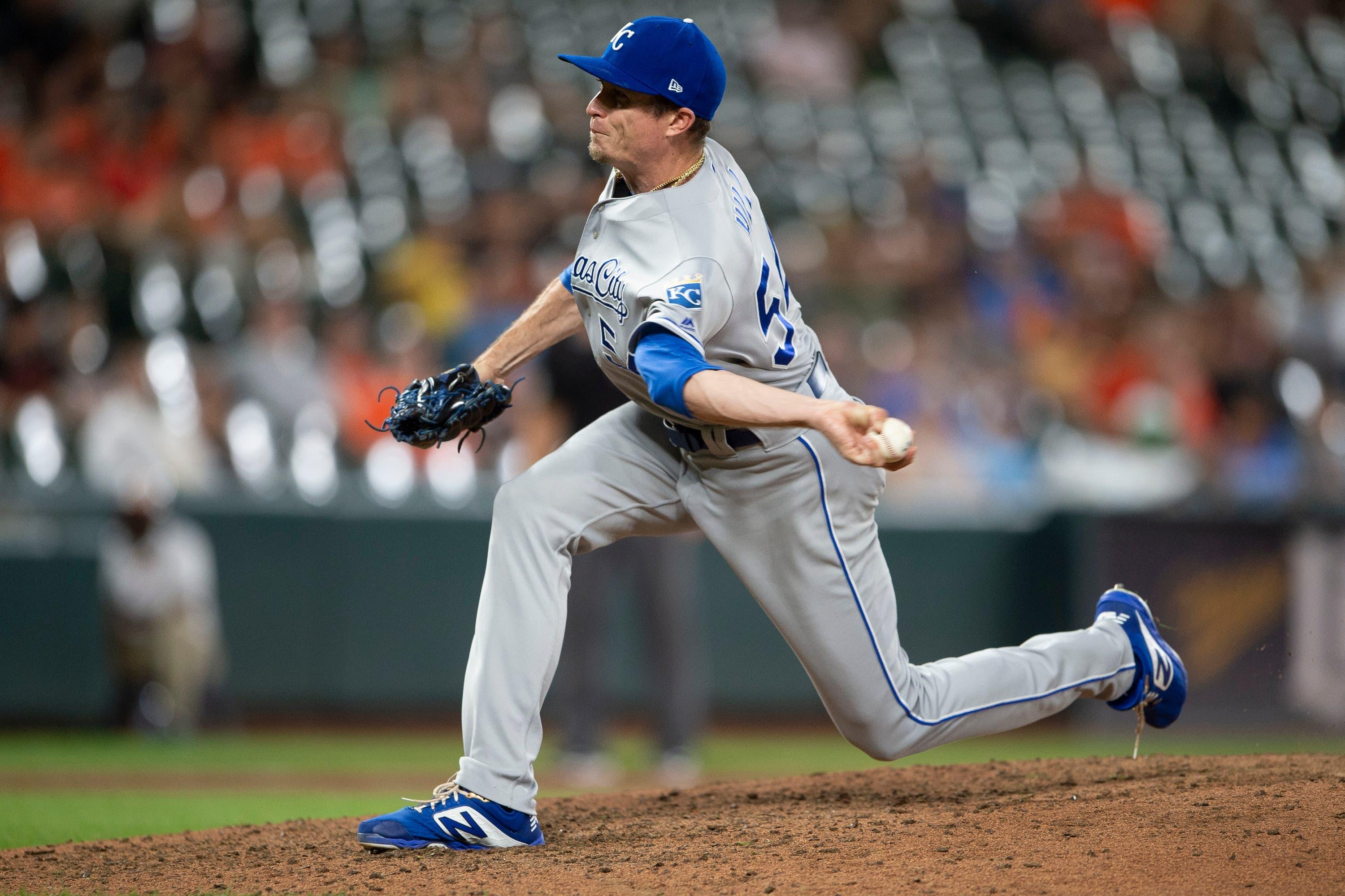 Aug 21, 2019; Baltimore, MD, USA; Kansas City Royals relief pitcher Tim Hill (54) delivers a pitch in the sixth inning against the Baltimore Orioles at Oriole Park at Camden Yards. Mandatory Credit: Tommy Gilligan-USA TODAY Sports / Tommy Gilligan