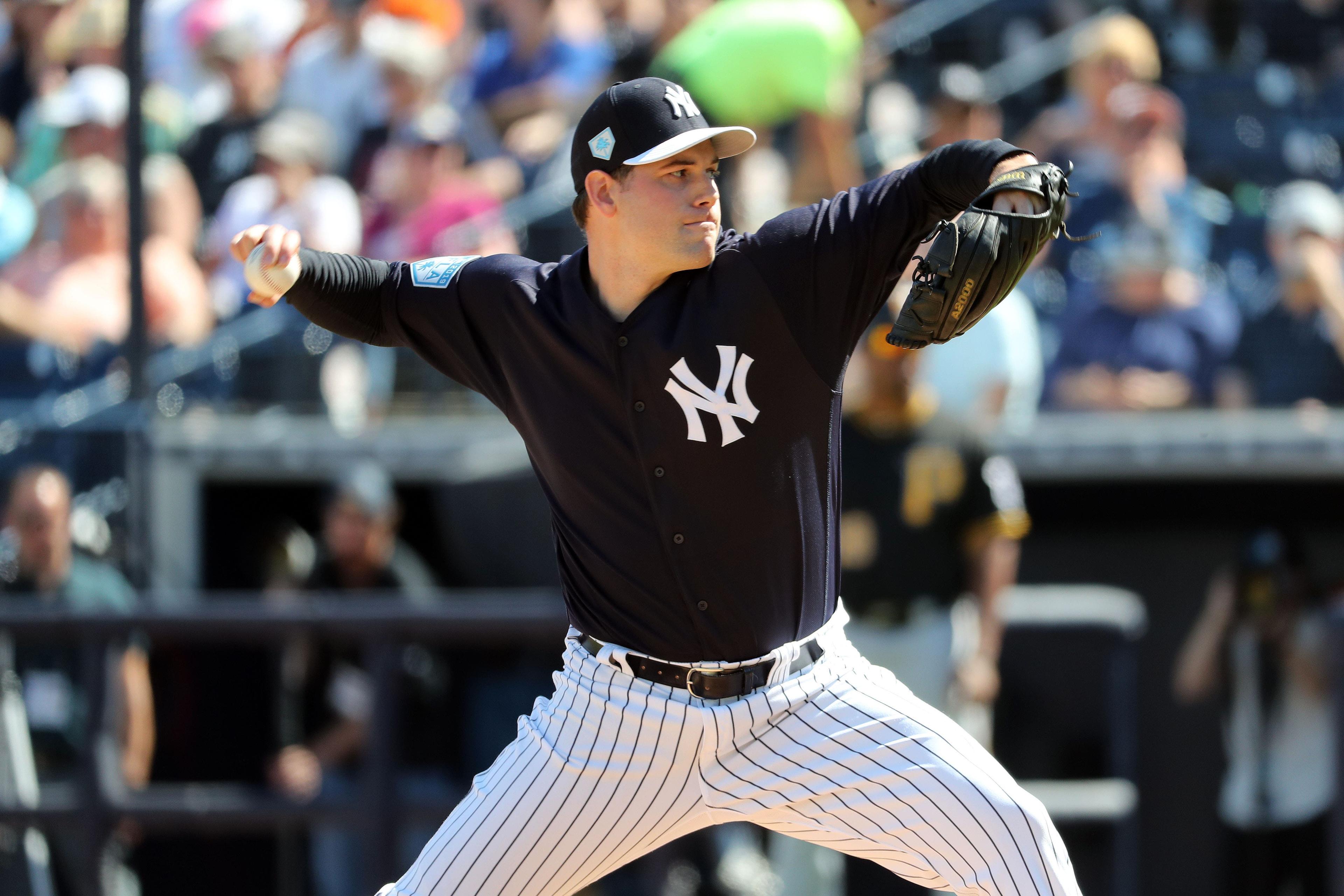 Feb 28, 2019; Tampa, FL, USA; New York Yankees pitcher Adam Ottavino (0) throws a pitch during the third inning against the Pittsburgh Pirates at George M. Steinbrenner Field. Mandatory Credit: Kim Klement-USA TODAY Sports / Kim Klement