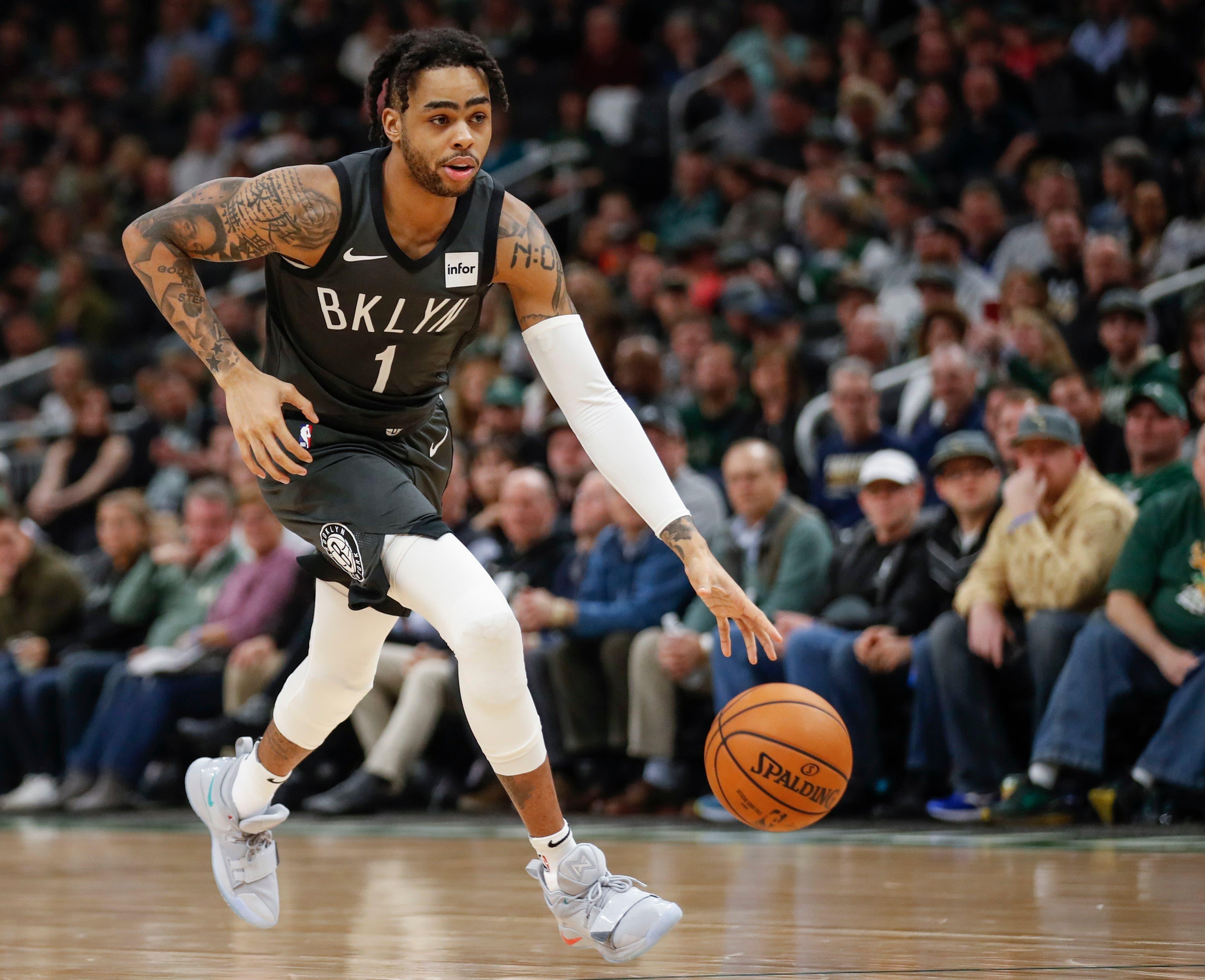 Apr 6, 2019; Milwaukee, WI, USA; Brooklyn Nets guard D'Angelo Russell (1) drives to the basket against the Milwaukee Bucks during the second half at Wisconsin Entertainment and Sports Center. Mandatory Credit: Kamil Krzaczynski-USA TODAY Sports / Kamil Krzaczynski