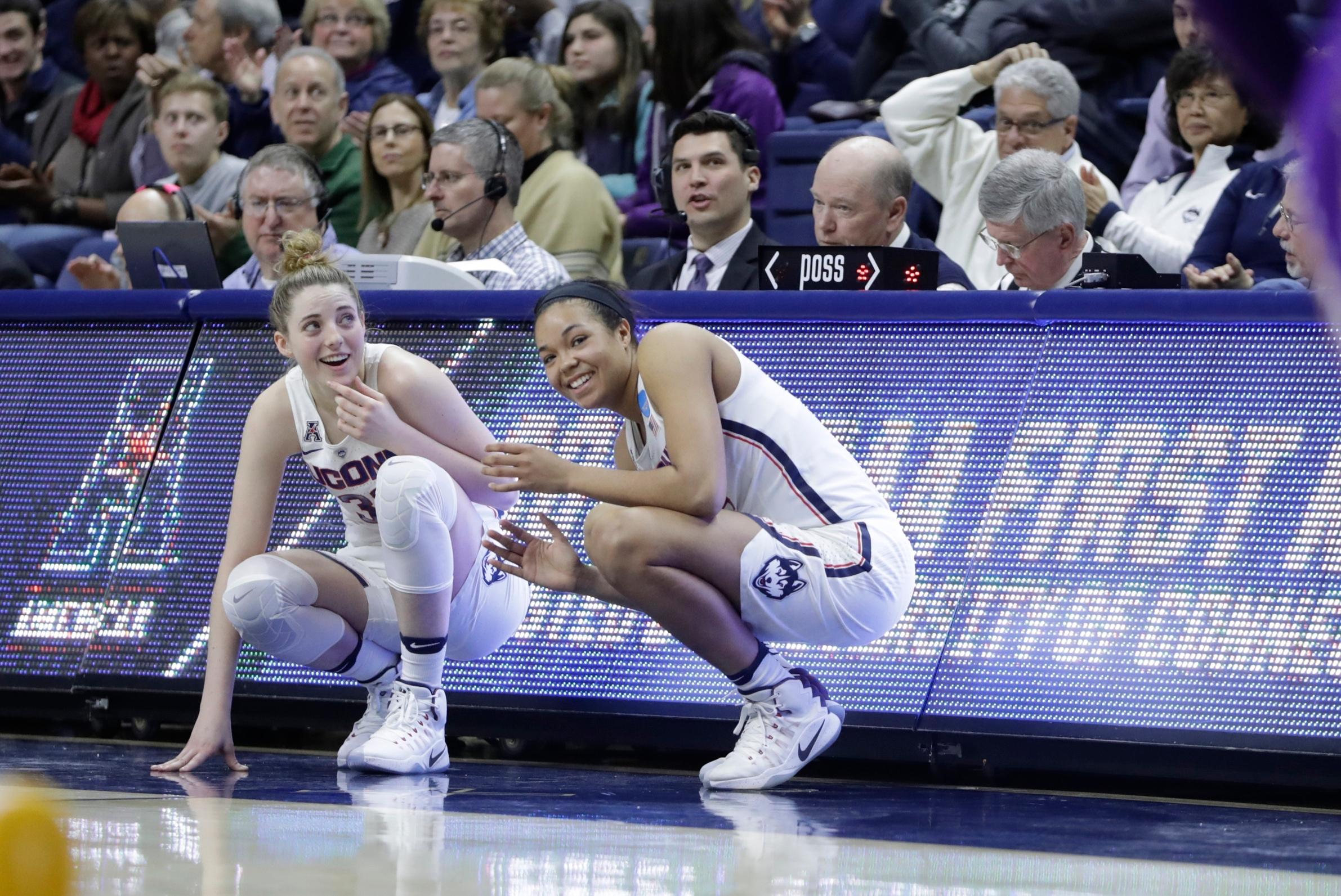 Mar 18, 2017; Storrs, CT, USA; Connecticut Huskies guard/forward Katie Lou Samuelson (33) and guard/forward Napheesa Collier (24) on the sideline as they take on the Albany Great Danes in the first half during the first round of the women's NCAA Tournament at Harry A. Gampel Pavilion. Mandatory Credit: David Butler II-USA TODAY Sports