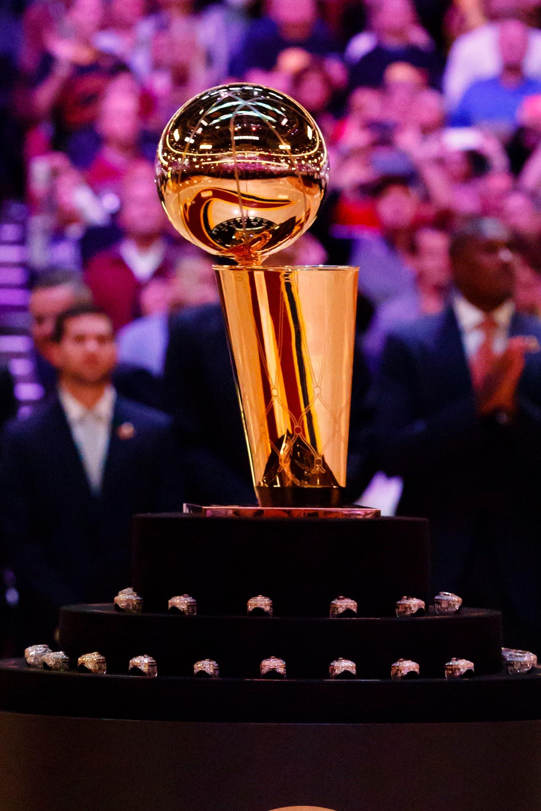 Oct 25, 2016; Cleveland, OH, USA; The NBA championship trophy and rings are seen during the ring ceremony and banner raising ceremony before a game against the New York Knicks at Quicken Loans Arena. Mandatory Credit: Rick Osentoski-USA TODAY Sports / Rick Osentoski