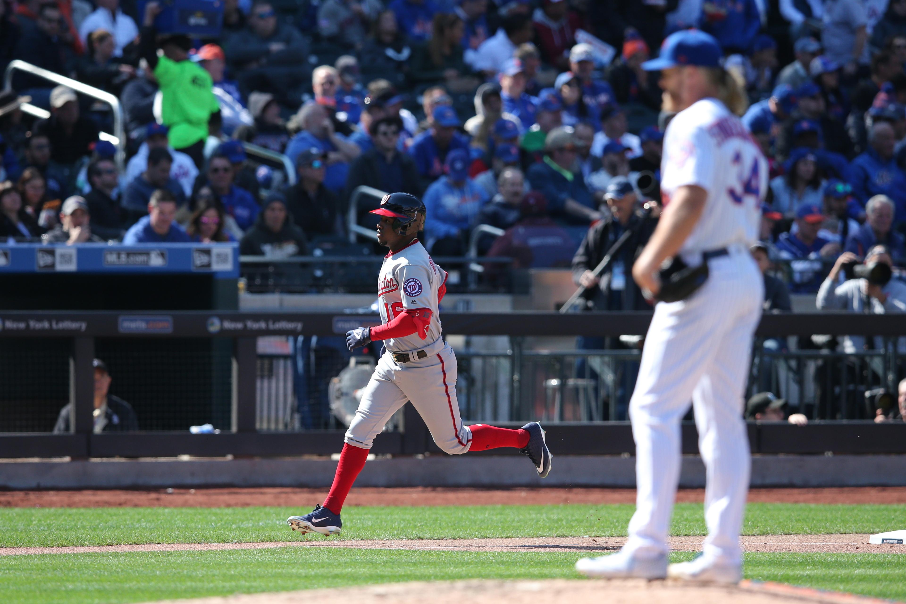 Apr 4, 2019; New York City, NY, USA; Washington Nationals center fielder Victor Robles (16) rounds the bases after hitting a solo home run against New York Mets starting pitcher Noah Syndergaard (34) during the sixth inning at Citi Field. Mandatory Credit: Brad Penner-USA TODAY Sports