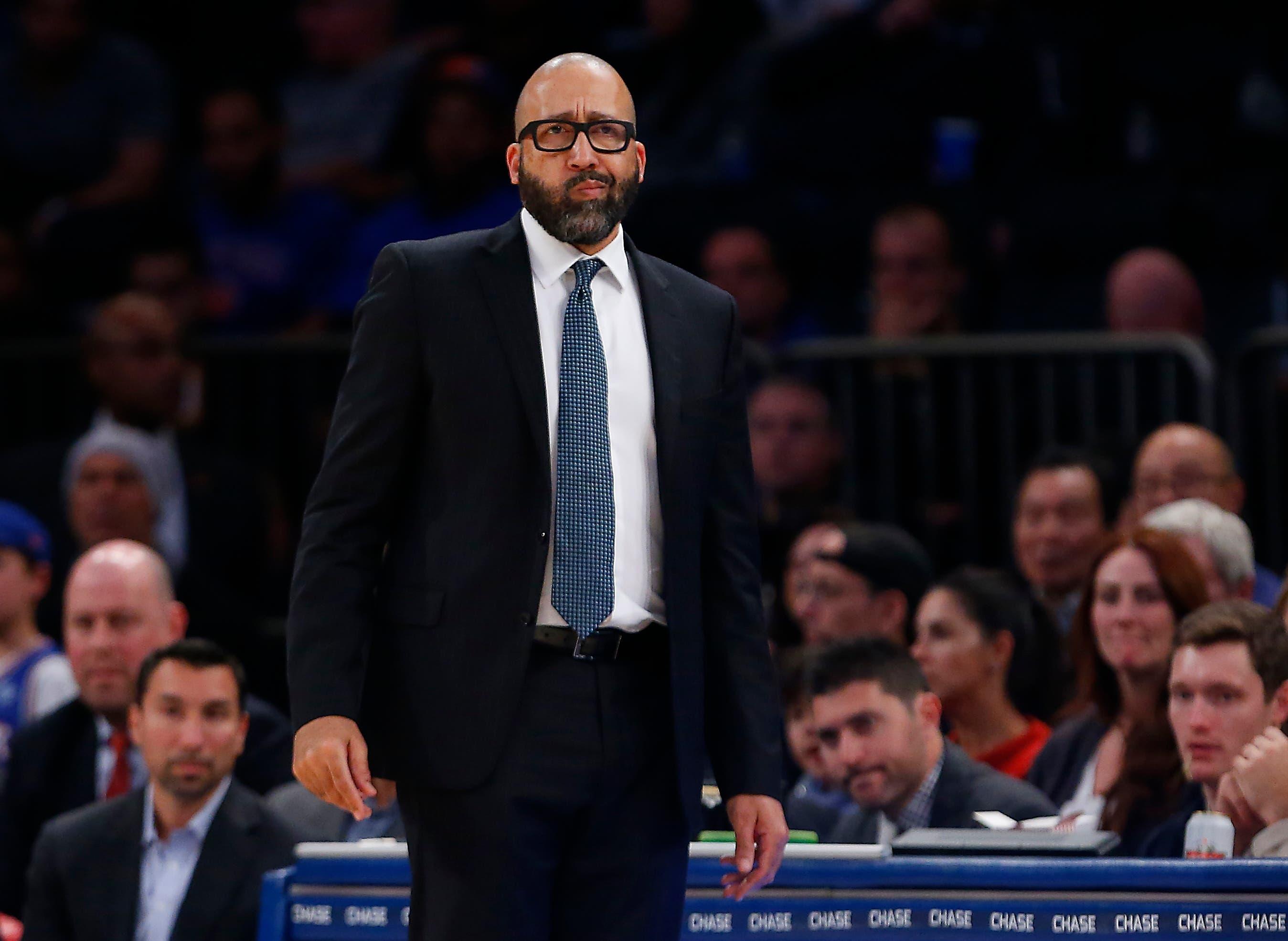 Nov 3, 2019; New York, NY, USA; New York Knicks head coach David Fizdale reacts to play against the Sacramento Kings during the second half at Madison Square Garden. Mandatory Credit: Noah K. Murray-USA TODAY Sports / Noah K. Murray