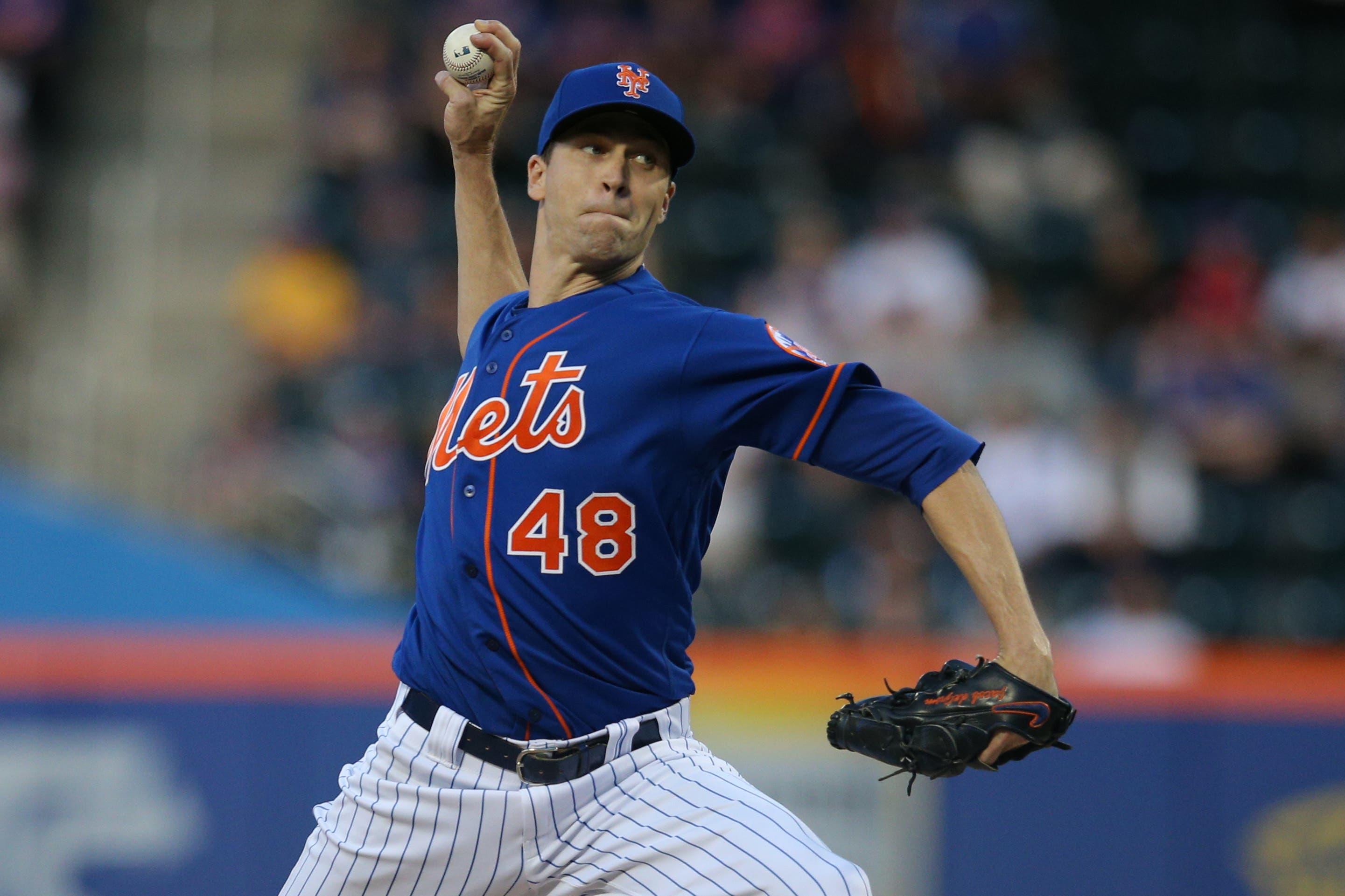 May 22, 2019; New York City, NY, USA; New York Mets starting pitcher Jacob deGrom (48) pitches against the Washington Nationals during the first inning at Citi Field. Mandatory Credit: Brad Penner-USA TODAY Sports / Brad Penner