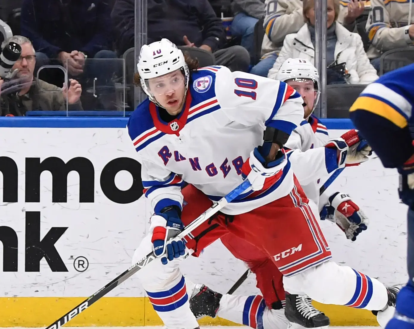 New York Rangers left wing Artemi Panarin (10) controls the puck against the St. Louis Blues during the third period at Enterprise Center. / Jeff Le-USA TODAY Sports