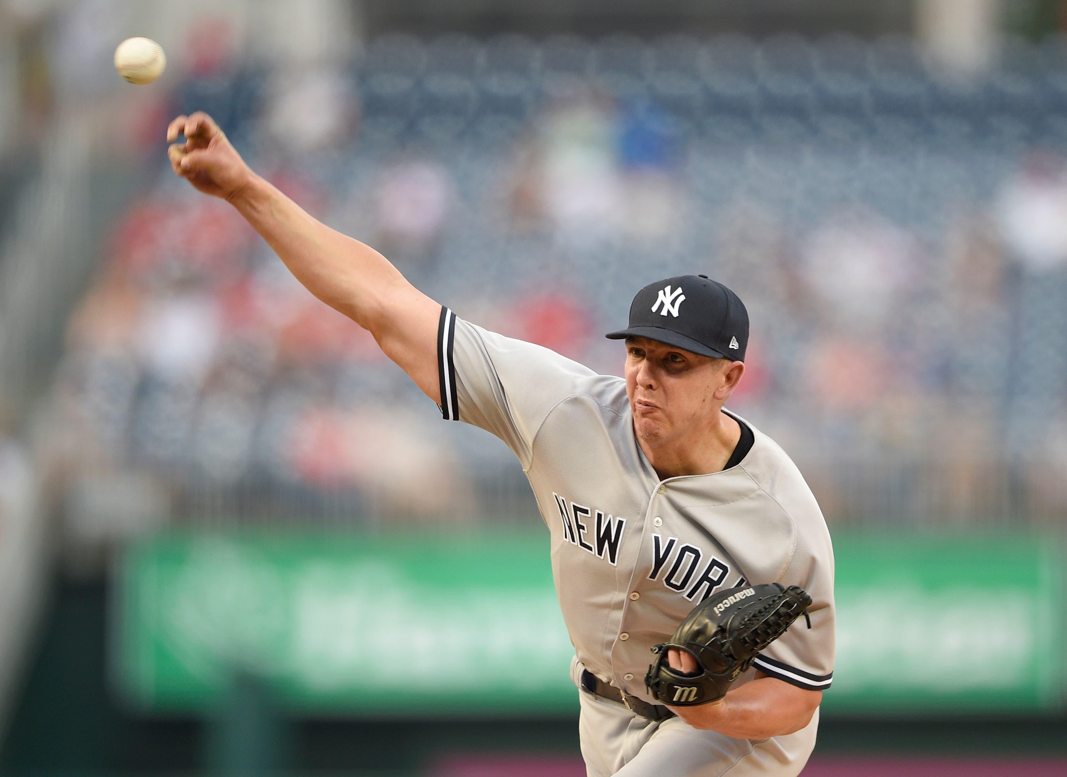 New York Yankees relief pitcher Chad Green delivers a pitch during the sixth inning of the continuation of a suspended baseball game against the Washington Nationals, Monday, June 18, 2018, in Washington. This game is a continuation of a suspended game from May 15. (AP Photo/Nick Wass) / AP