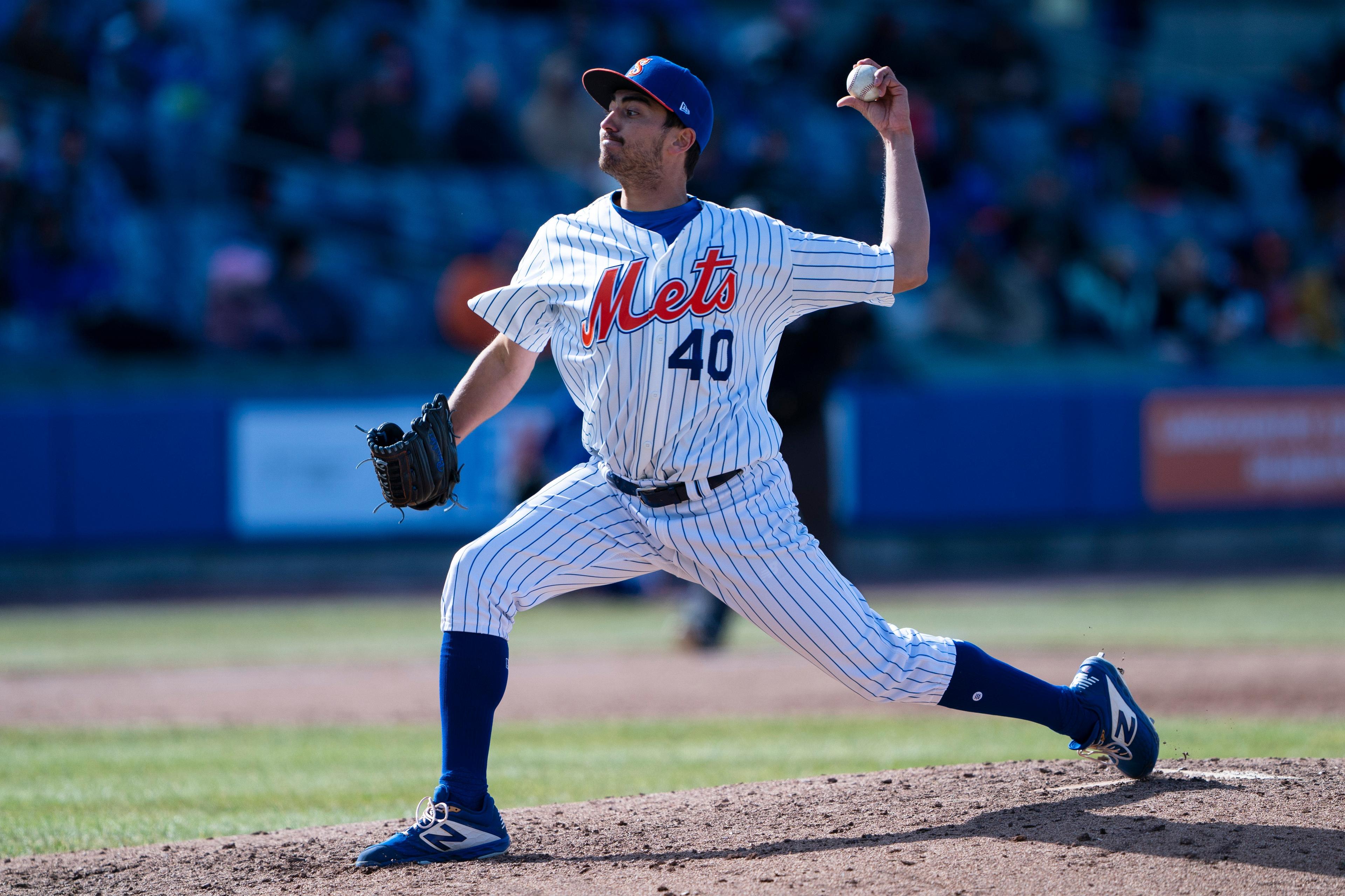 Apr 4, 2019; Syracuse, NY, USA; Syracuse Mets pitcher Daniel Zamora (40) delivers a pitch against the Pawtucket Red Sox during the eighth inning at NBT Bank Stadium. Mandatory Credit: Gregory J. Fisher-USA TODAY Sports