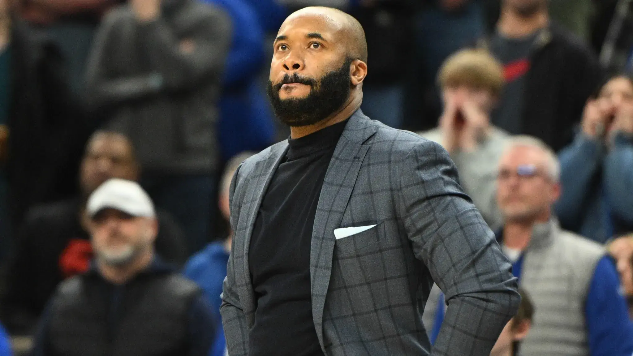 Dec 20, 2023; Omaha, Nebraska, USA; Villanova Wildcats head coach Kyle Neptune watches action against the Creighton Bluejays in overtime half at CHI Health Center Omaha / Steven Branscombe-USA TODAY Sports