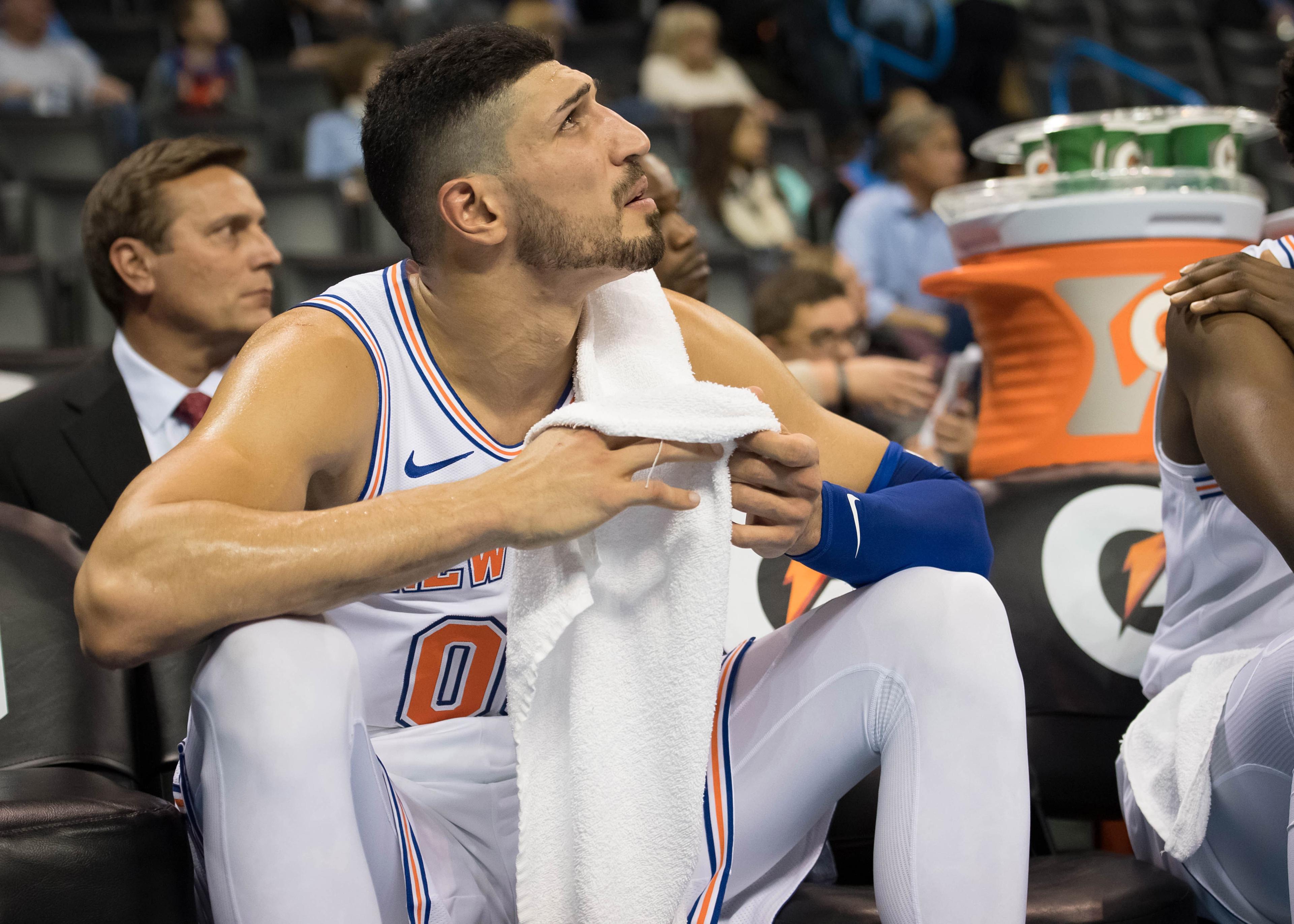 New York Knicks center Enes Kanter sitting on the bench during the second half against the Oklahoma City Thunder at Chesapeake Energy Arena. / Rob Ferguson/USA TODAY Sports