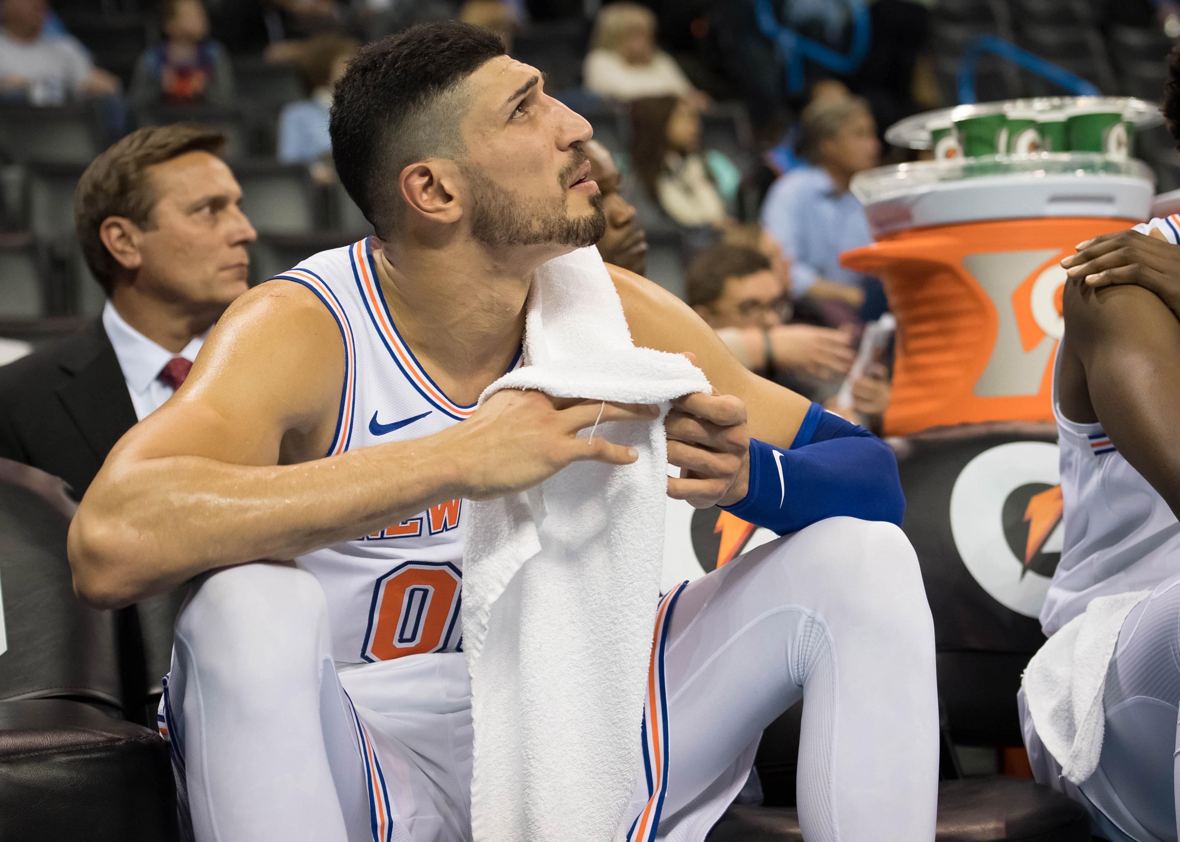 New York Knicks center Enes Kanter sitting on the bench during the second half against the Oklahoma City Thunder at Chesapeake Energy Arena.