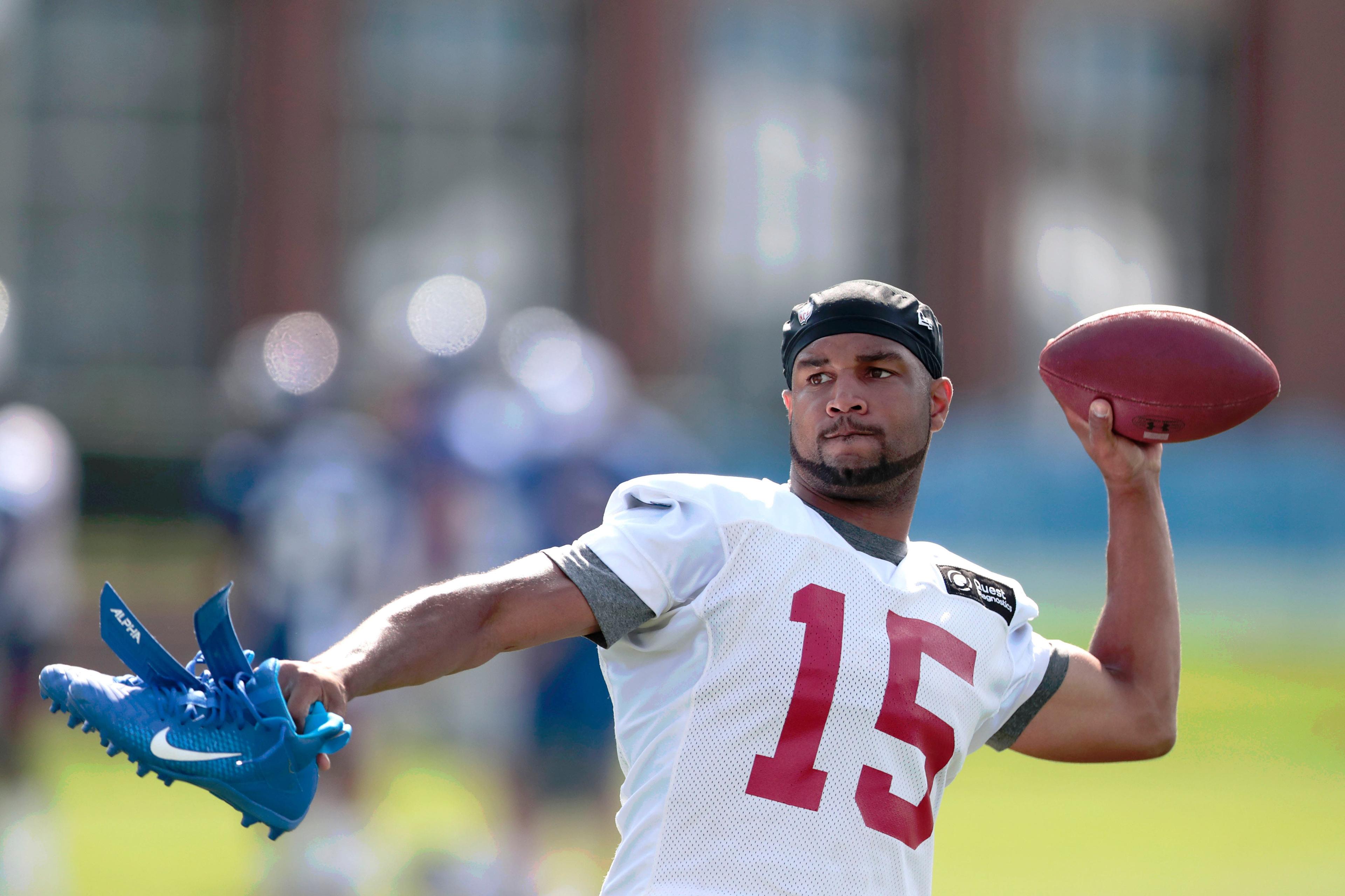 Jul 25, 2019; East Rutherford, NJ, USA; New York Giants wide receiver Golden Tate (15) throws a ball to fans after the first day of training camp at Quest Diagnostics Training Center. Mandatory Credit: Vincent Carchietta-USA TODAY Sports / Vincent Carchietta