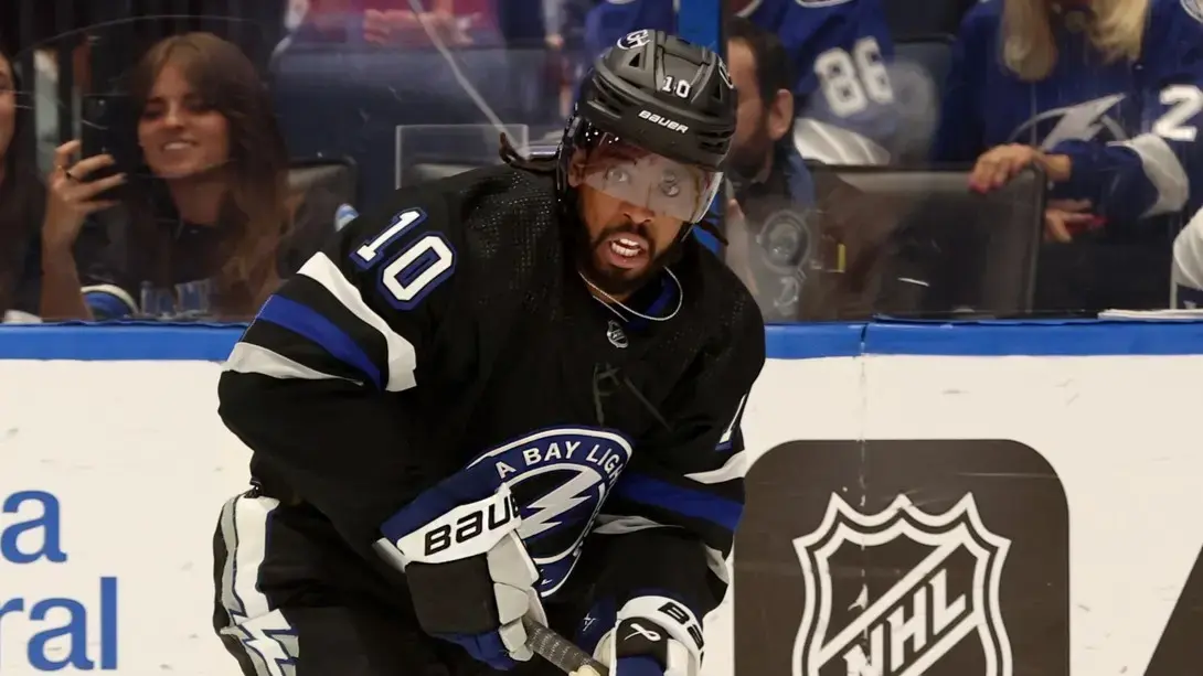 Apr 17, 2024; Tampa, Florida, USA; Tampa Bay Lightning left wing Anthony Duclair (10) skates with the puck against the Toronto Maple Leafs during the third period at Amalie Arena.