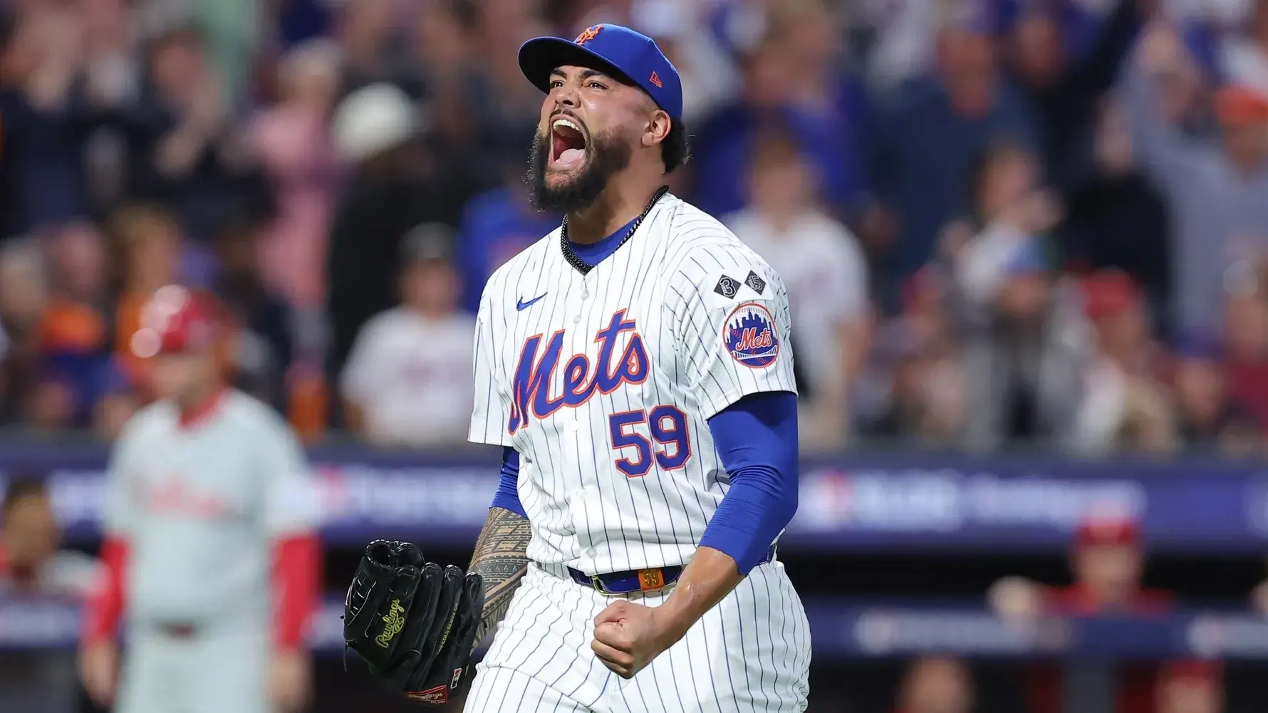 Oct 8, 2024; New York City, New York, USA; New York Mets pitcher Sean Manaea (59) reacts after a double play in the sixth inning against the Philadelphia Phillies during game three of the NLDS for the 2024 MLB Playoffs at Citi Field. / Brad Penner-Imagn Images