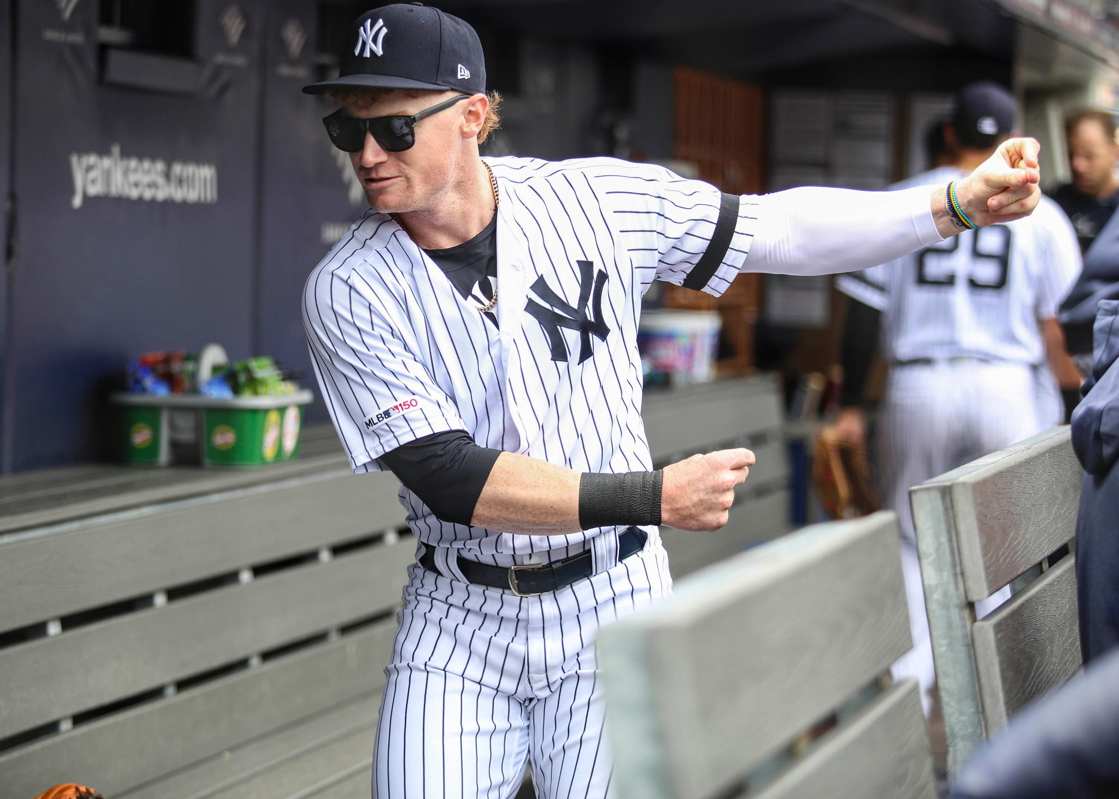 Apr 21, 2019; Bronx, NY, USA; New York Yankees right fielder Clint Frazier (77) in the dugout prior to the start of the game against the Kansas City Royals at Yankee Stadium. Mandatory Credit: Wendell Cruz-USA TODAY Sports / Wendell Cruz