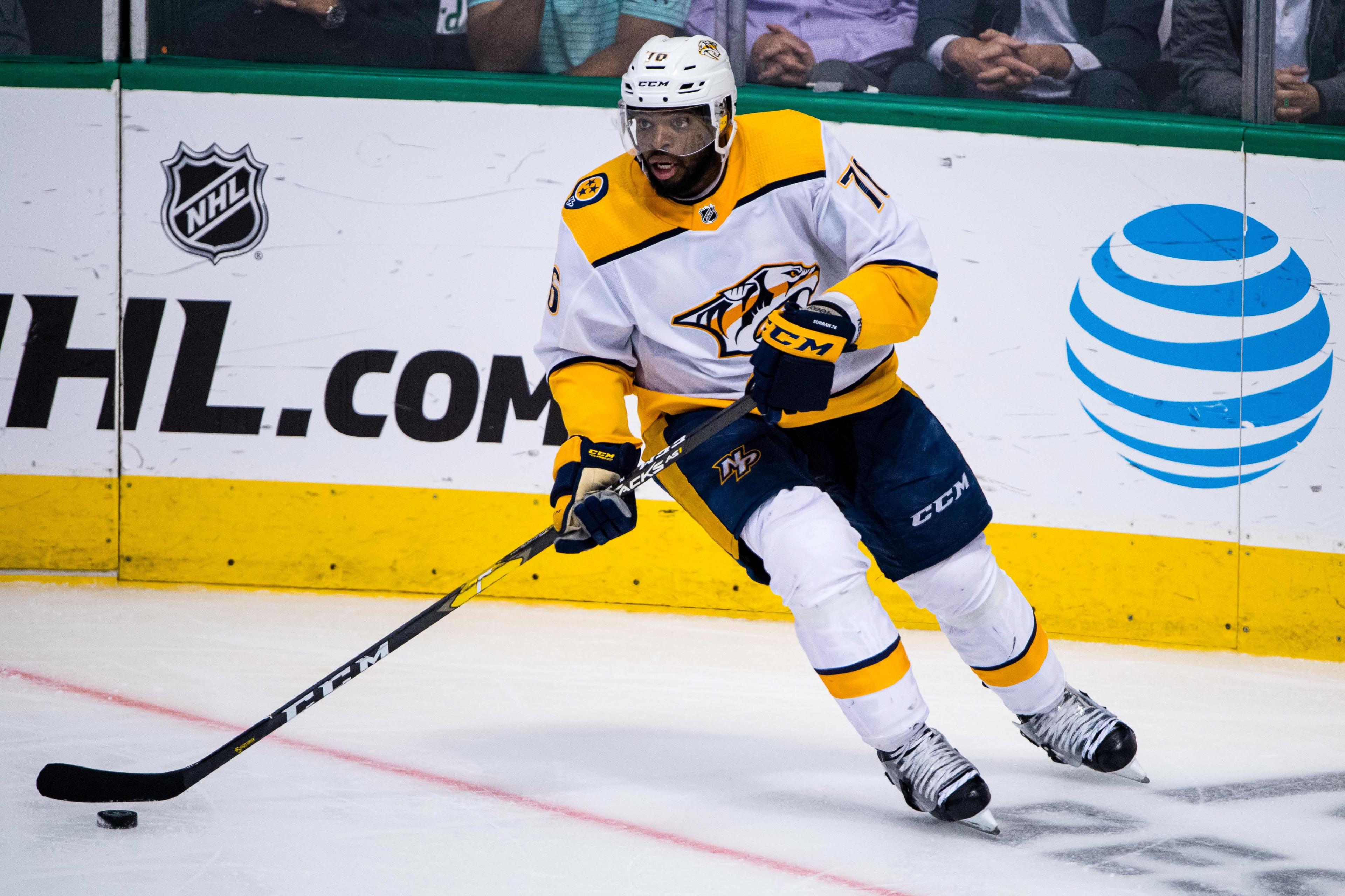 Apr 22, 2019; Dallas, TX, USA; Nashville Predators defenseman P.K. Subban (76) in action during the game between the Stars and the Predators in game six of the first round of the 2019 Stanley Cup Playoffs at American Airlines Center. Mandatory Credit: Jerome Miron-USA TODAY Sports / Jerome Miron