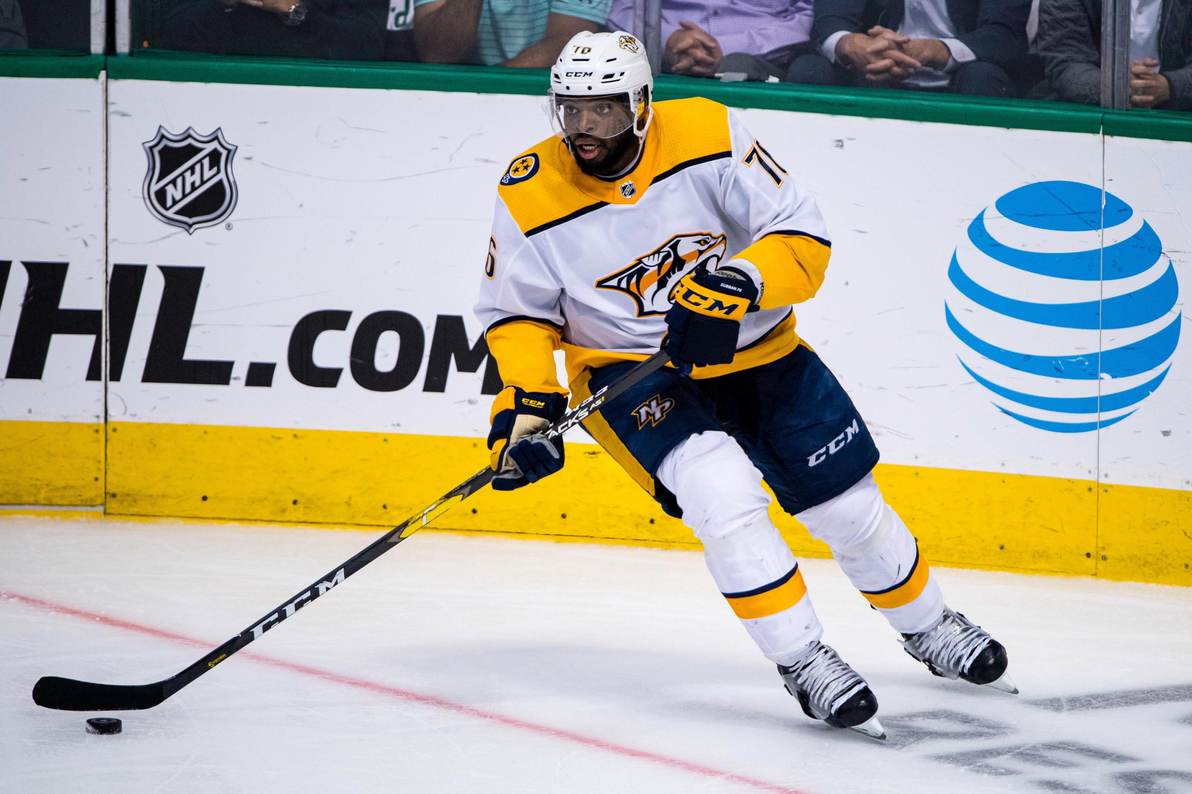 Apr 22, 2019; Dallas, TX, USA; Nashville Predators defenseman P.K. Subban (76) in action during the game between the Stars and the Predators in game six of the first round of the 2019 Stanley Cup Playoffs at American Airlines Center. Mandatory Credit: Jerome Miron-USA TODAY Sports