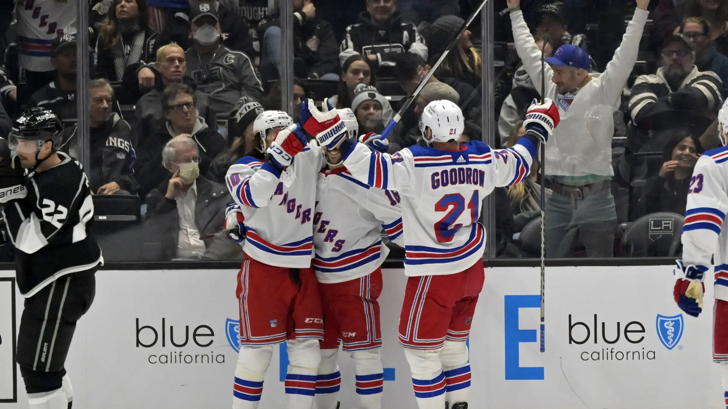 Nov 22, 2022; Los Angeles, California, USA; The New York Rangers celebrate after scoring a goal in the second period against the Los Angeles Kings at Crypto.com Arena. / Jayne Kamin-Oncea-USA TODAY Sports