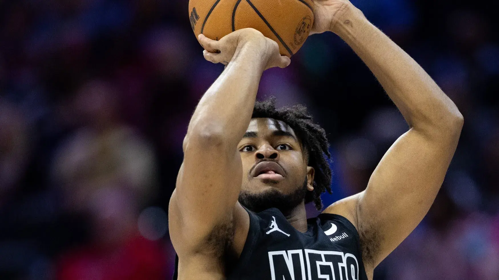 Apr 14, 2024; Philadelphia, Pennsylvania, USA; Brooklyn Nets guard Cam Thomas (24) shoots against the Philadelphia 76ers during the first quarter at Wells Fargo Center. / Bill Streicher-USA TODAY Sports