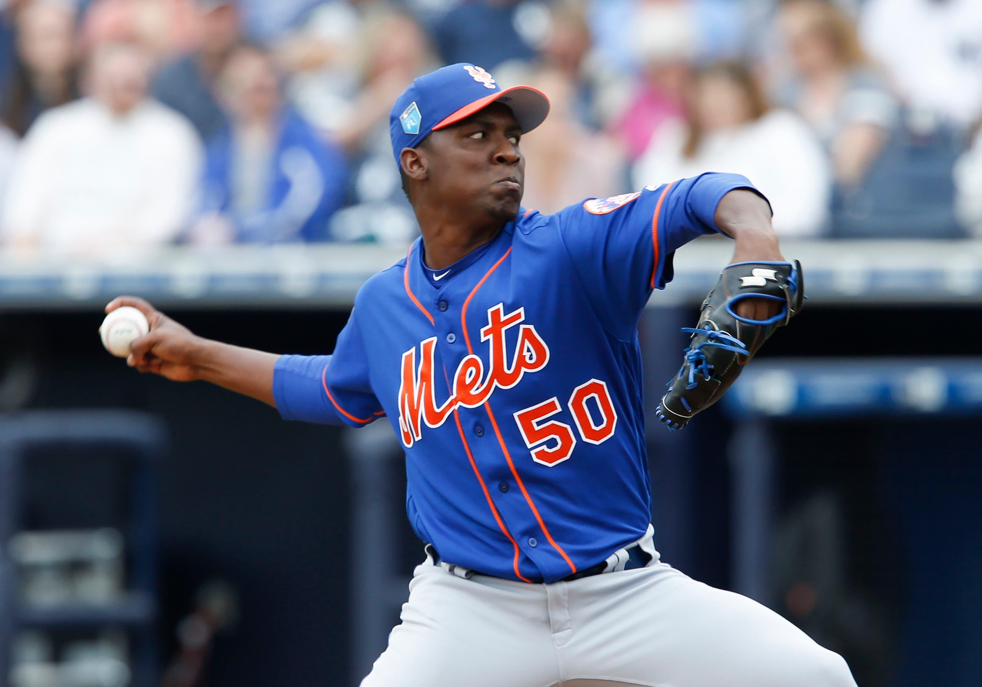 Mar 10, 2018; Tampa, FL, USA; New York Mets starting pitcher Rafael Montero (50) throws a pitch during the fifth inning against the New York Yankees at George M. Steinbrenner Field. Mandatory Credit: Reinhold Matay-USA TODAY Sports / Reinhold Matay