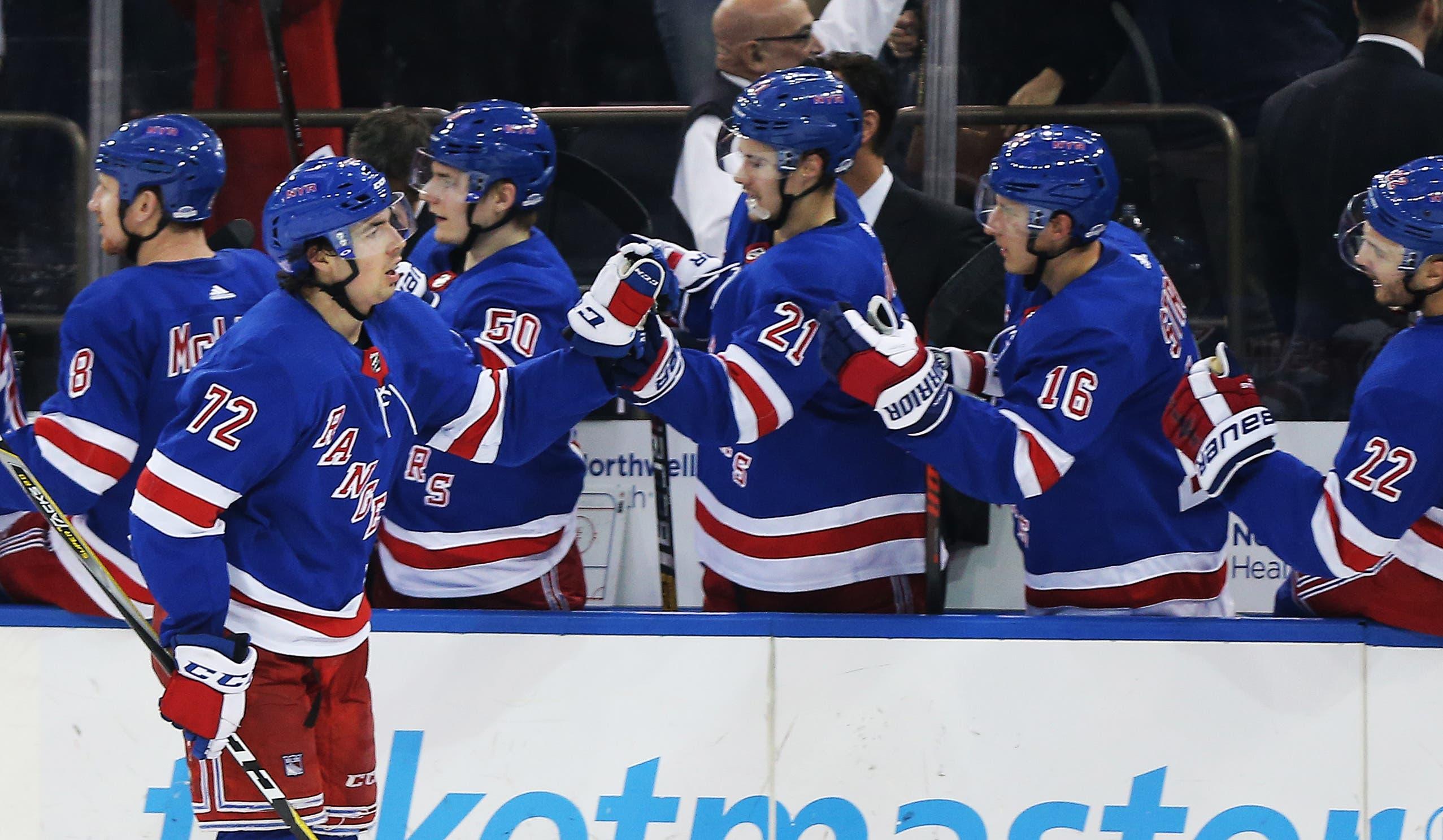 Nov 19, 2018; New York, NY, USA; New York Rangers center Filip Chytil (72) is congratulated after scoring the winning goal against the Dallas Stars during the third period at Madison Square Garden. Mandatory Credit: Andy Marlin-USA TODAY Sports / Andy Marlin