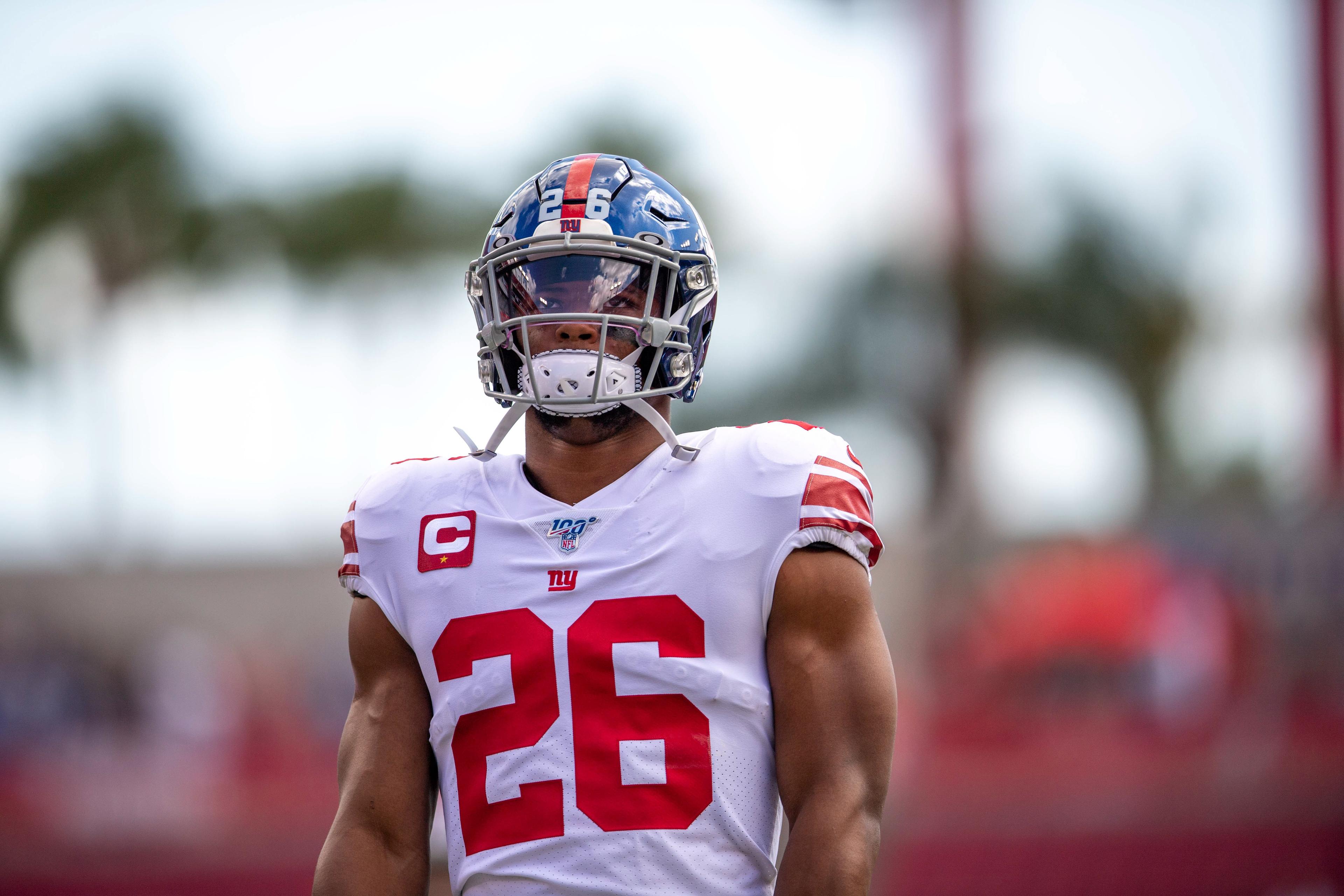 Sep 22, 2019; Tampa, FL, USA; New York Giants running back Saquon Barkley (26) walks on the field prior to the game between the Tampa Bay Buccaneers and the New York Giants at Raymond James Stadium. Mandatory Credit: Douglas DeFelice-USA TODAY Sports / Douglas DeFelice