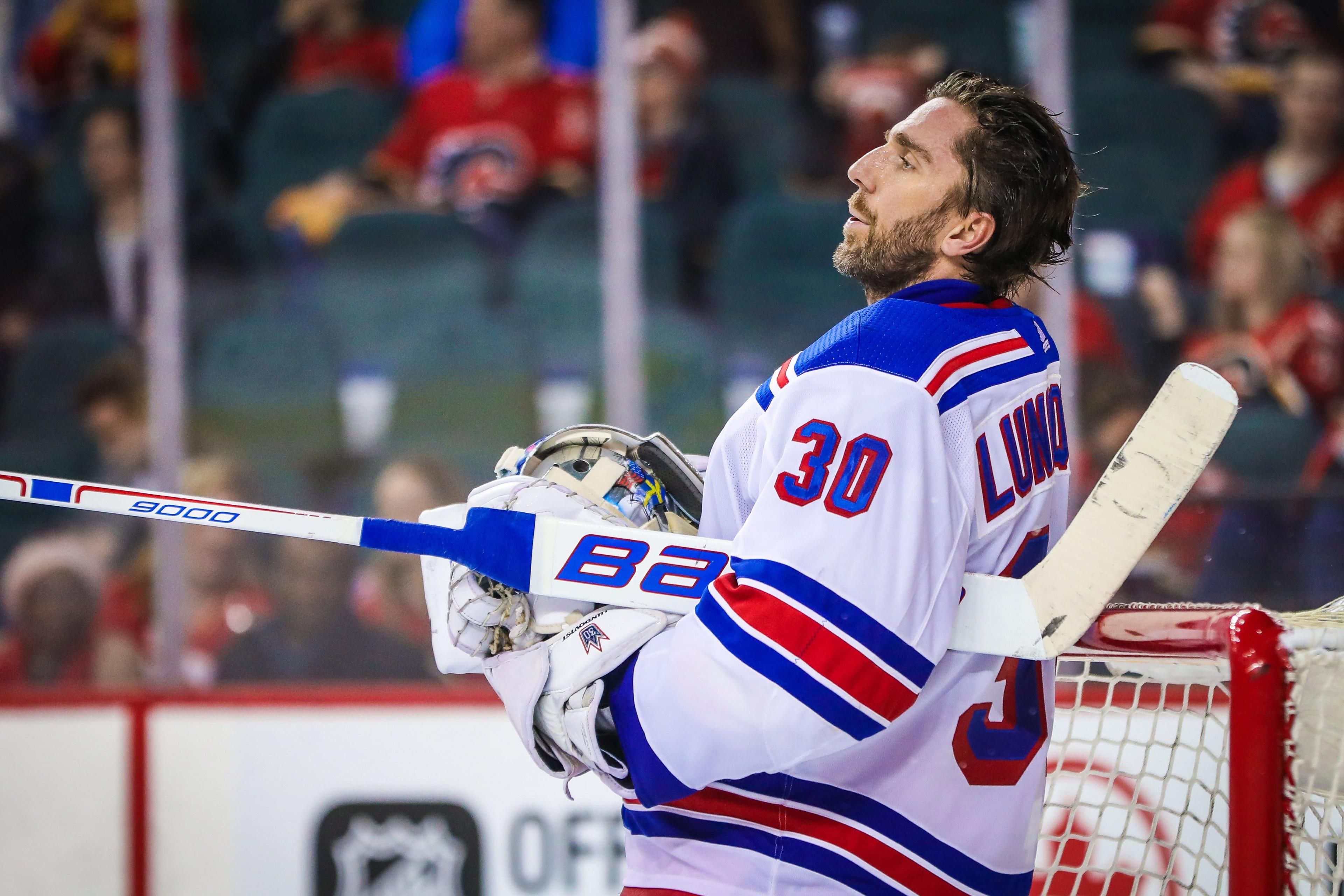 Mar 2, 2018; Calgary, Alberta, CAN; New York Rangers goaltender Henrik Lundqvist (30) during the third period against the Calgary Flames at Scotiabank Saddledome. New York Rangers won 3-1. Mandatory Credit: Sergei Belski-USA TODAY Sports / Sergei Belski