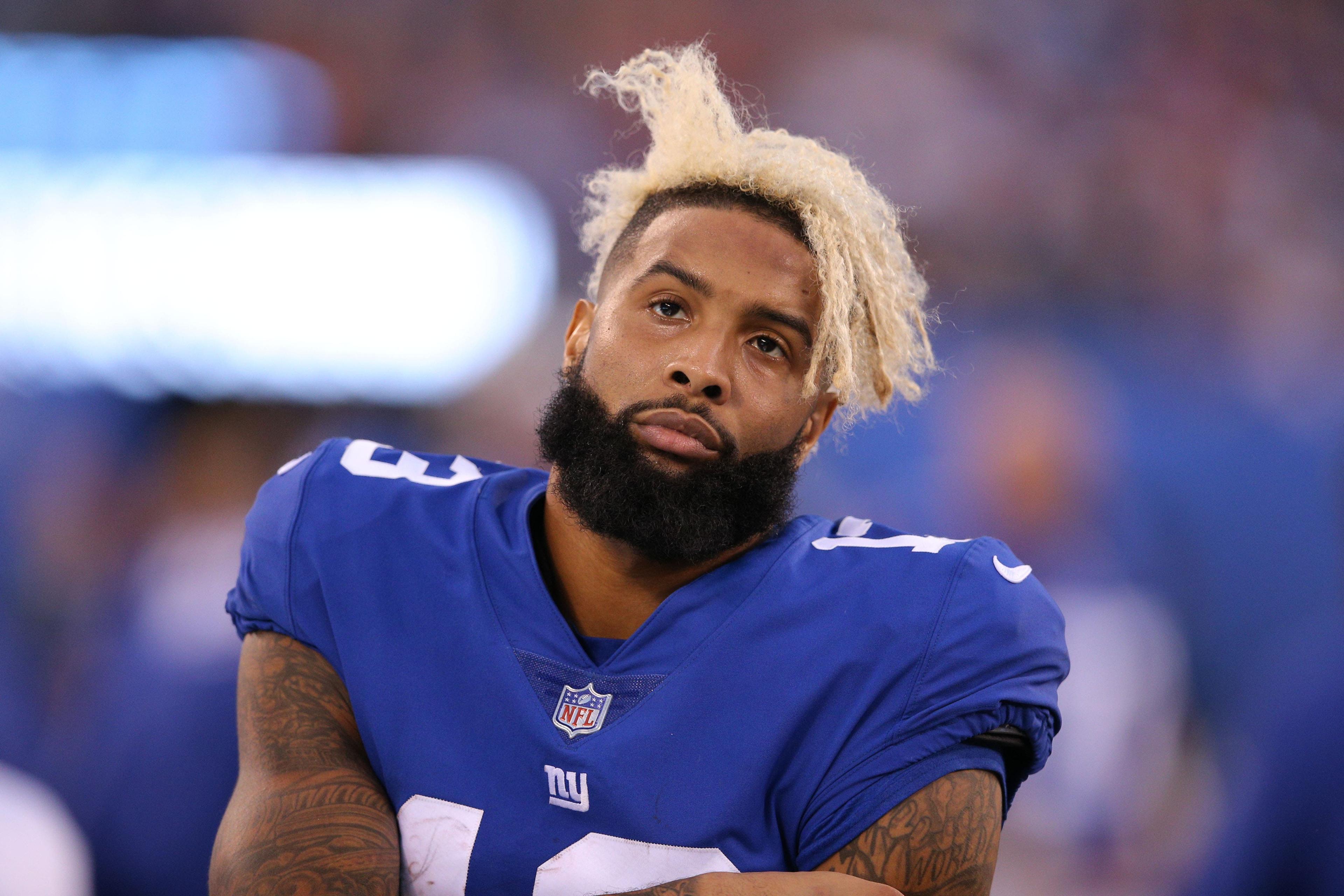 New York Giants wide receiver Odell Beckham Jr. reacts during the third quarter against the New Orleans Saints at MetLife Stadium. / Brad Penner/USA TODAY Sports