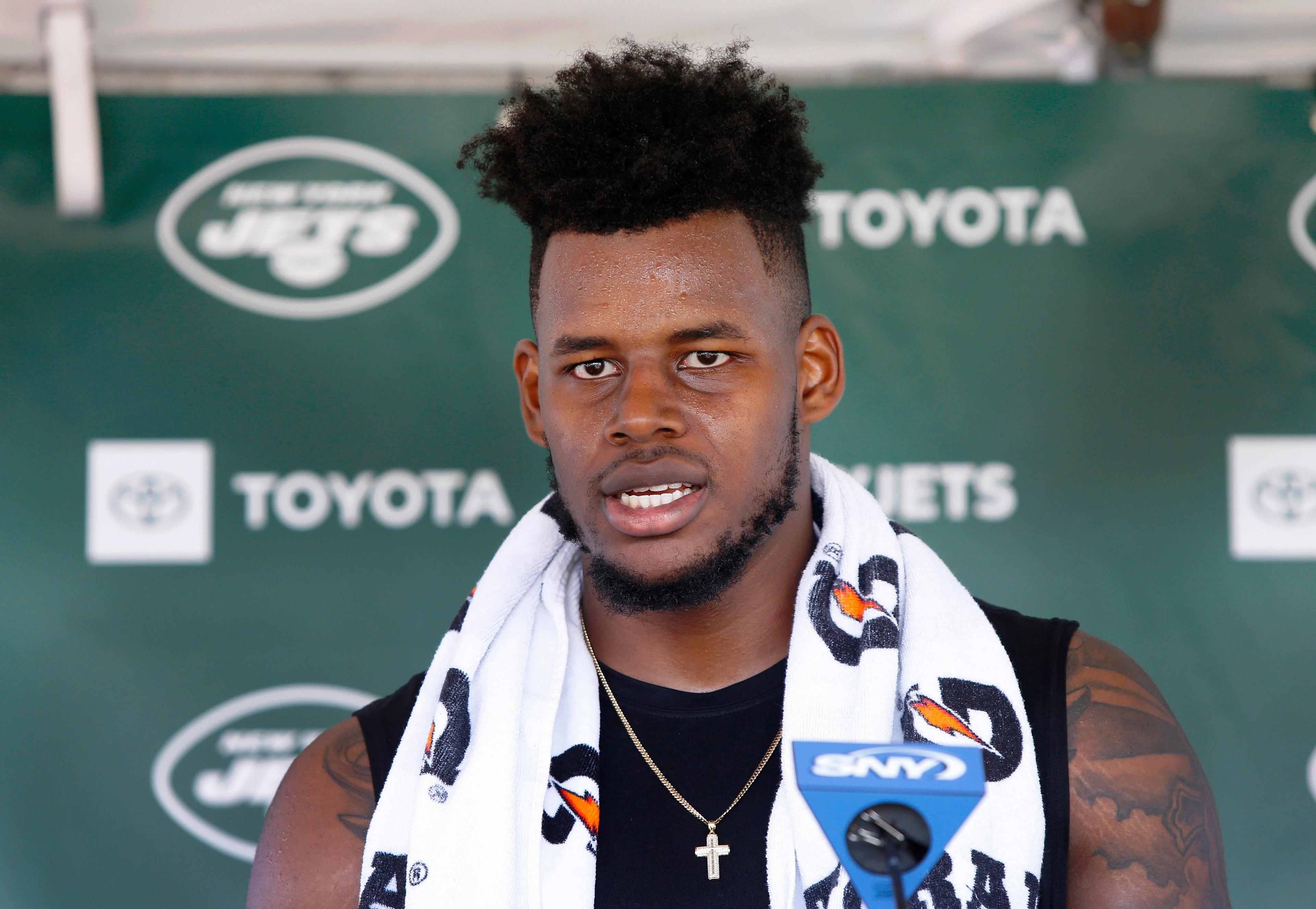 Jul 25, 2019; Florham Park, NJ, USA; New York Jets tight end Chris Herndon (89) answers questions from media during New York Jets training camp at Atlantic Health Center. Mandatory Credit: Noah K. Murray-USA TODAY Sports / Noah K. Murray